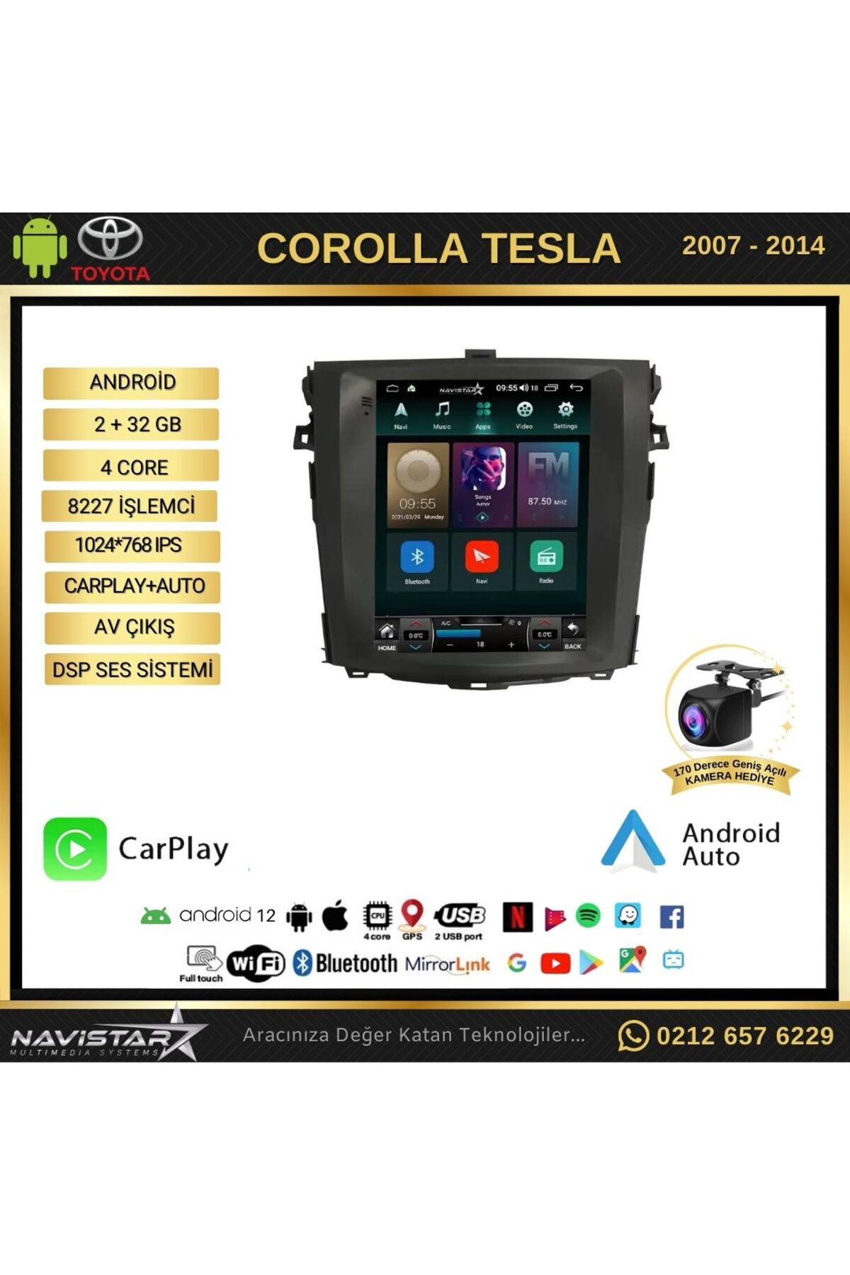 Toyota Corolla Tesla 2007-2014 Model 2gb 32gb Kablosuz Carplay Na