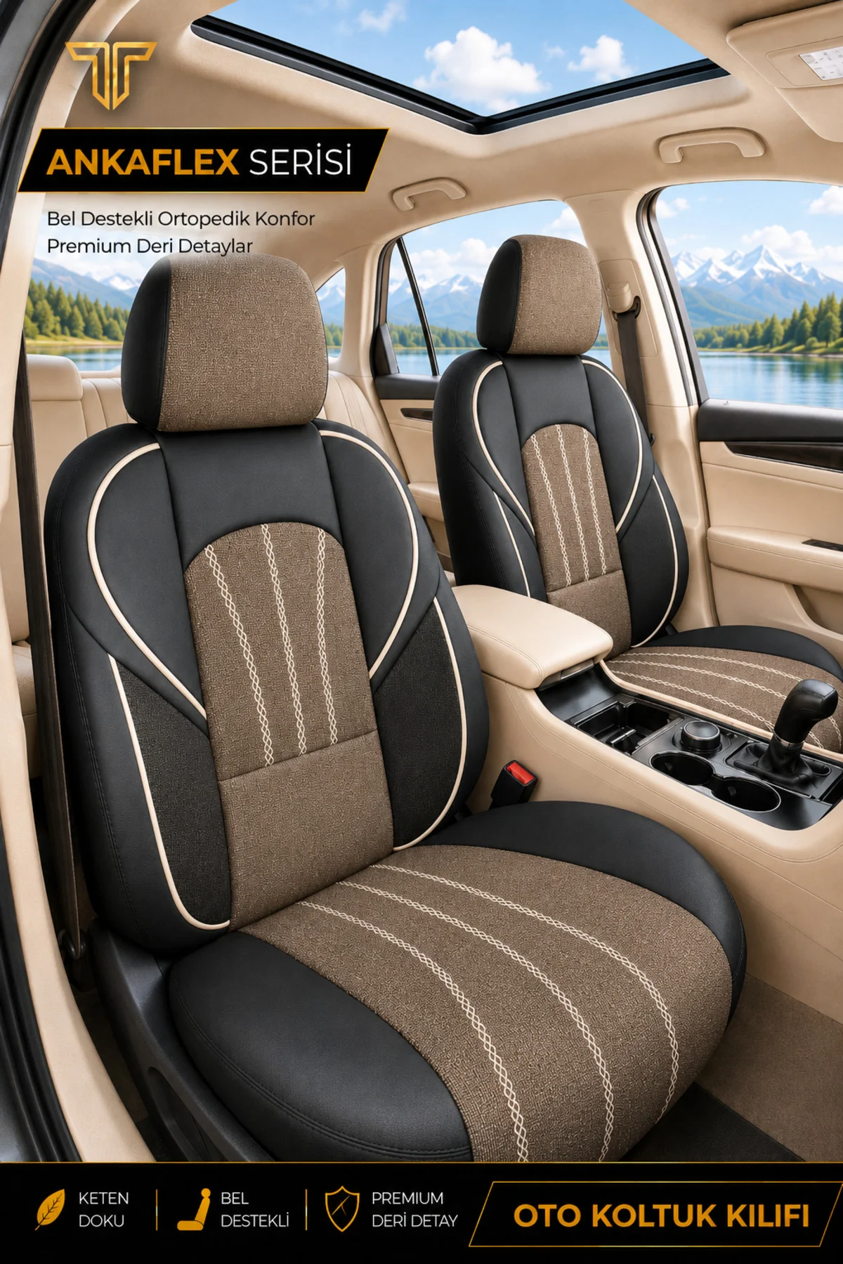 Toyota Hilüx 2006-2014 Uyumlu ANKAFLEX Bel Destekli Keten Deri Kahve Siyah Koltuk Kılıfı