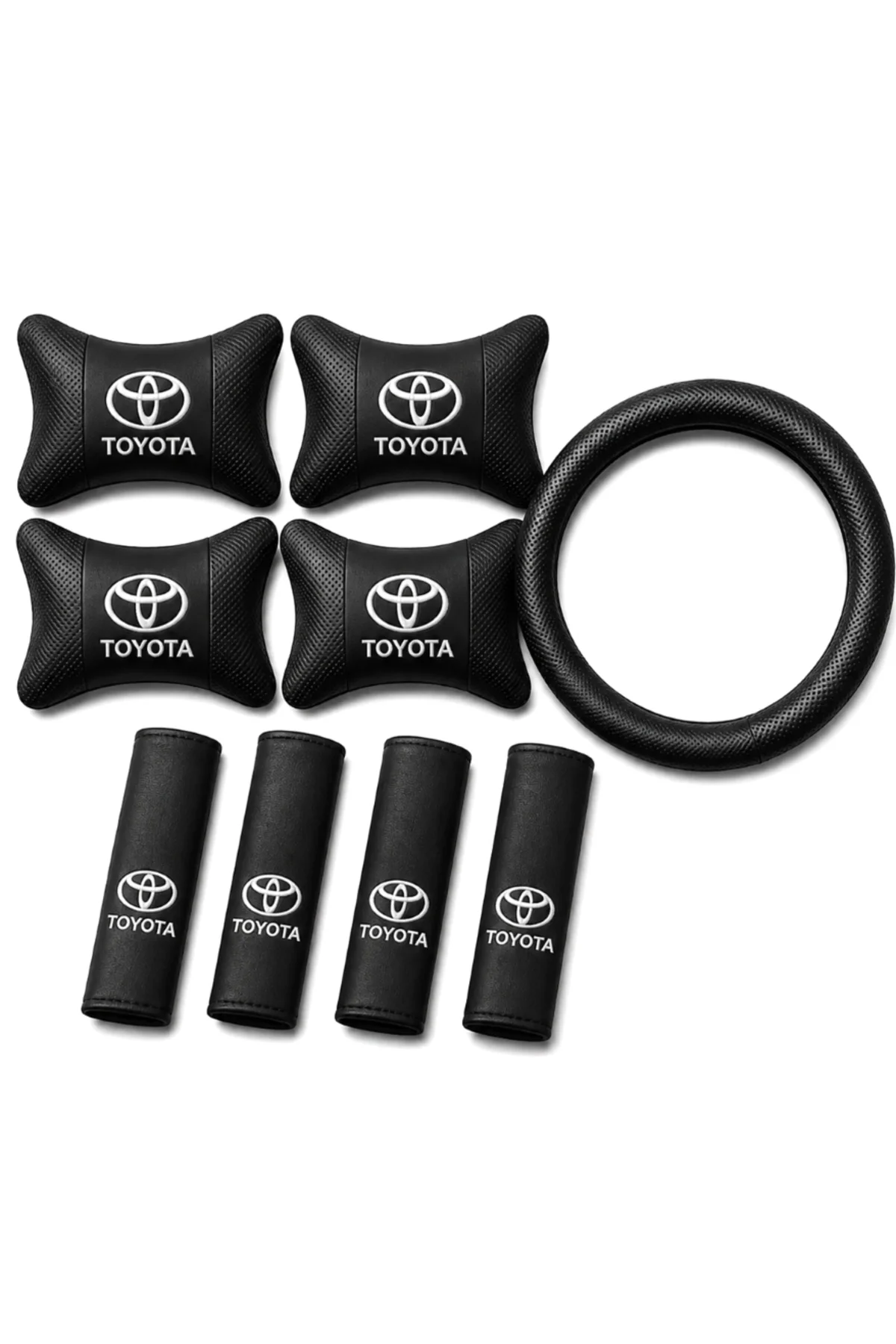 Toyota Nakışlı 9 Parça Oto Konfor Seti – 4 Boyun Yastığı + 4 Emniyet Kemer Pedi + 1 Direksiyon Kılıfı – Siyah Suni Deri Toyota Nakışlı 9 Parça Oto Konfor Seti – 4 Boyun Yastığı + 4 Emniyet Kemer Pedi + 1 Direksiyon Kılıfı – Siyah Suni Deri