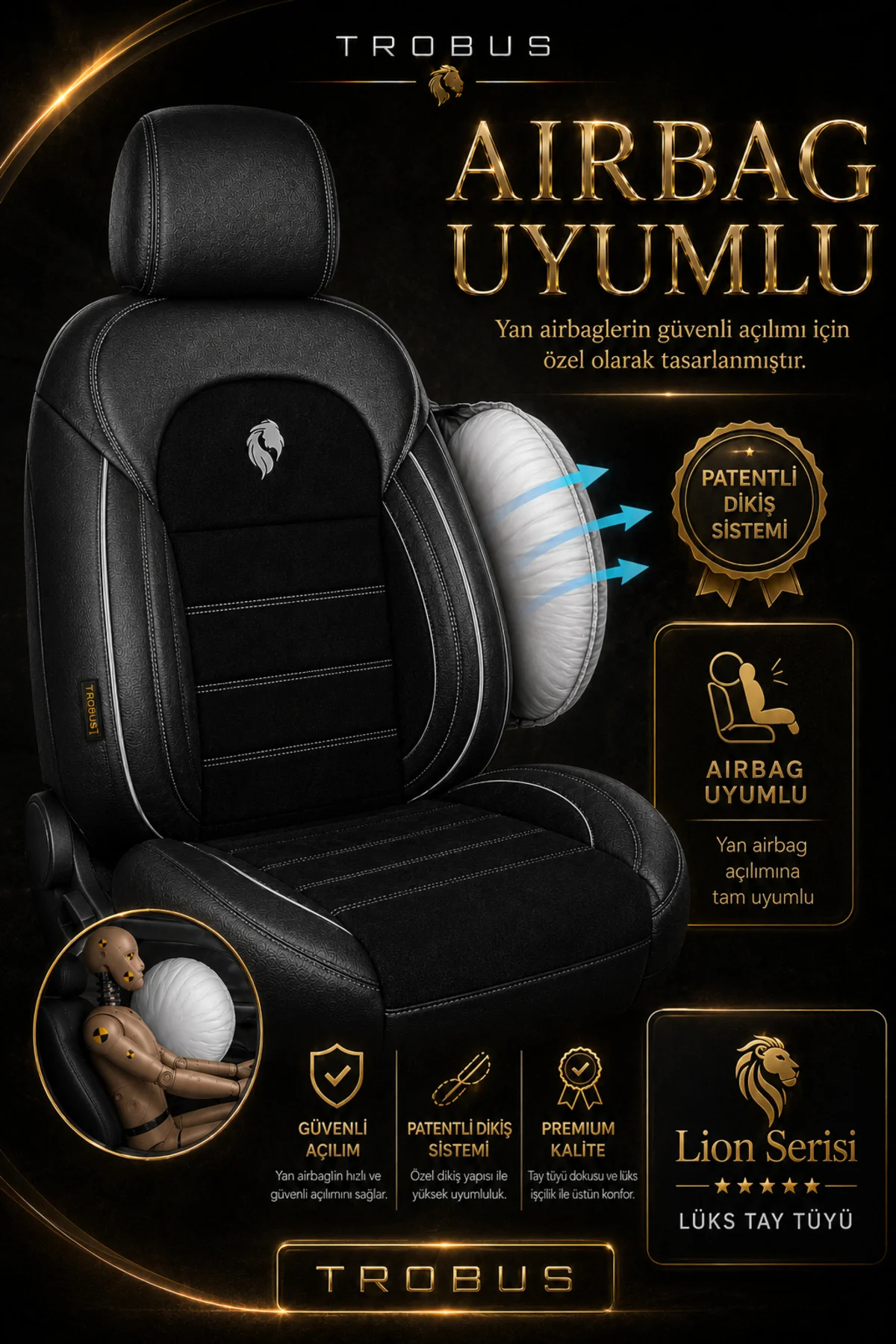 Toyota Prius 2004-2022 Uyumlu Lion Serisi 2+1 Ticari Tay Tüyü Siyah Beyaz Koltuk Kılıfı