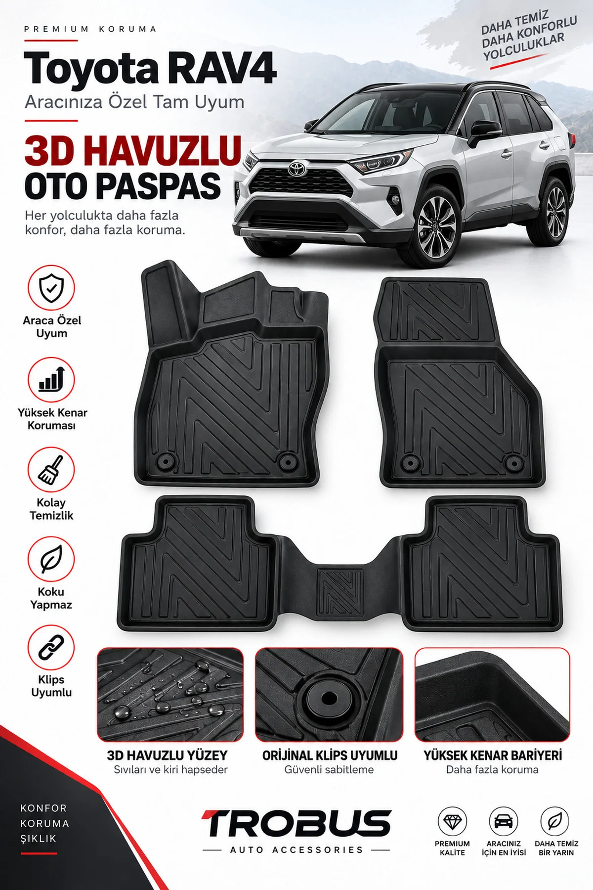 Toyota RAV4 2019-2025 Karbon Desenli Premium 3D Havuzlu Oto Paspas