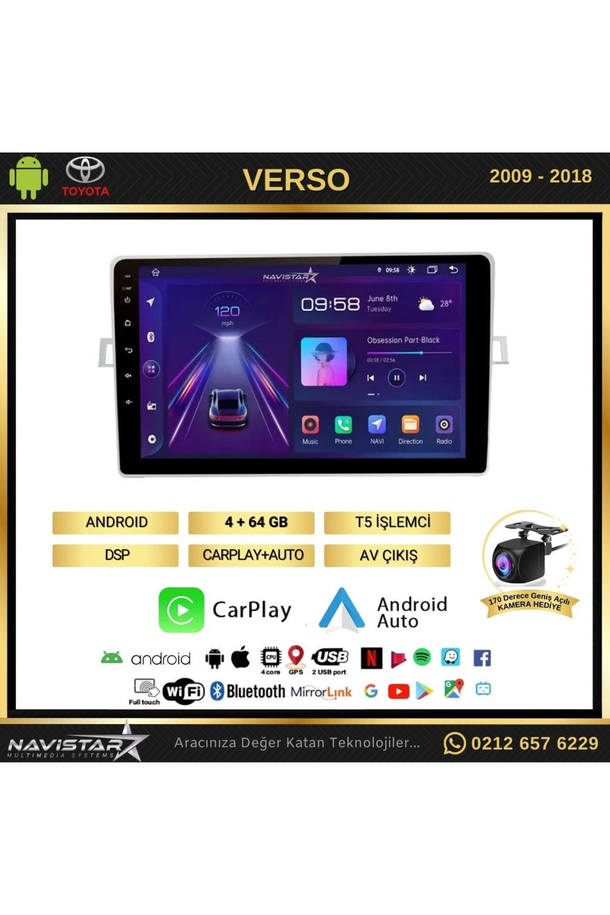 Toyota Verso 2009-2018 Model 4gb 64gb Android 13 Kablosuz Carplay