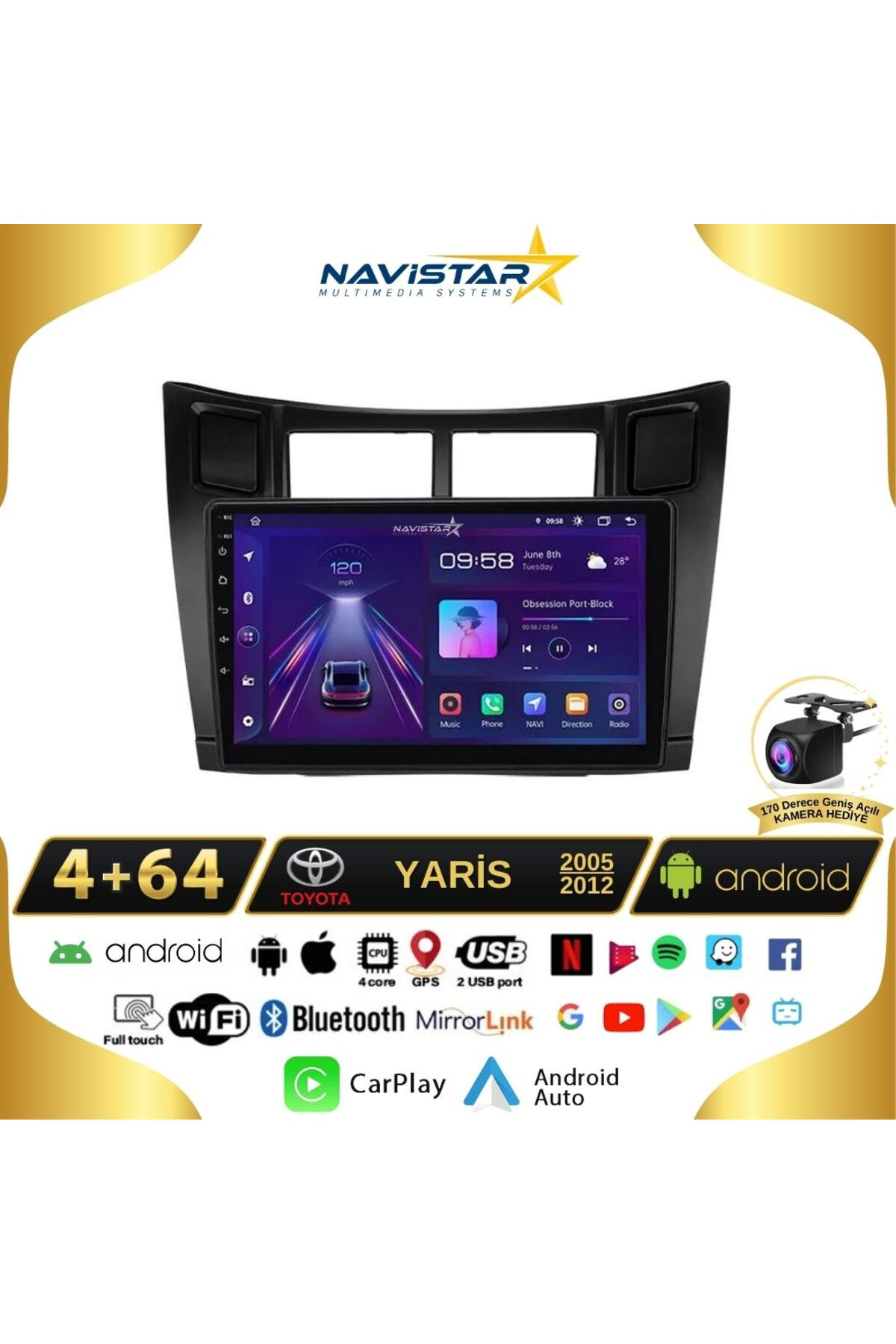 Toyota Yaris 2005-2012 Model 4gb 64gb Android 13 Kablosuz Carplay