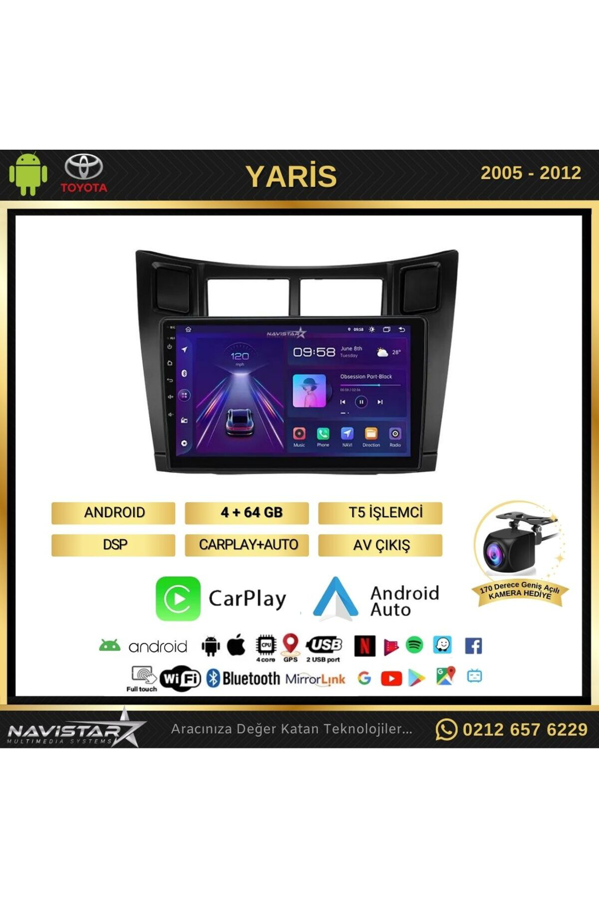 Toyota Yaris 2005-2012 Model 4gb 64gb Android 13 Kablosuz Carplay