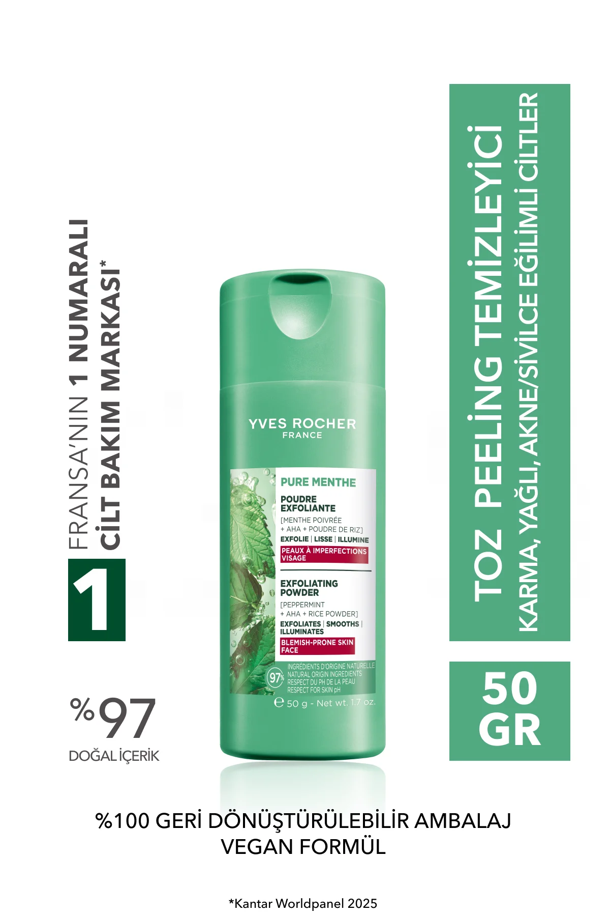Toz Peeling Temizleyici AHA-Karma/Yağlı/AkneLİ Cilt -Pure Menthe 