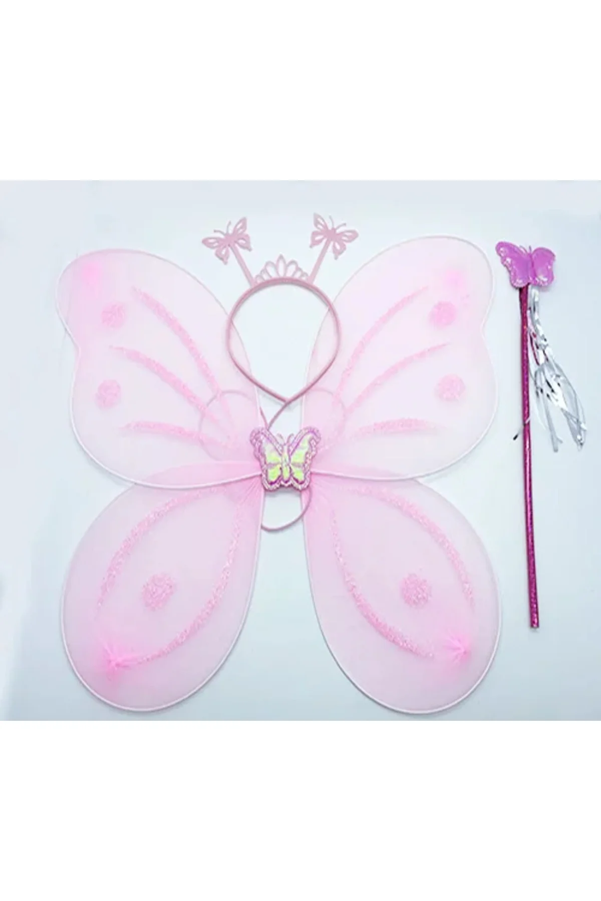 Toz Pembe Renk Kelebek Kanadı Tacı ve Sopası 50x37 cm