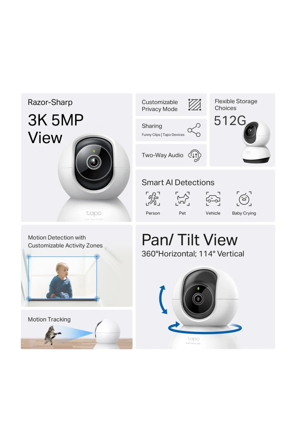 TP-LINK Tapo TC74 (C230), 3K, 5,0Mpix, İç Mekan, WiFi, 12Mt. Gece