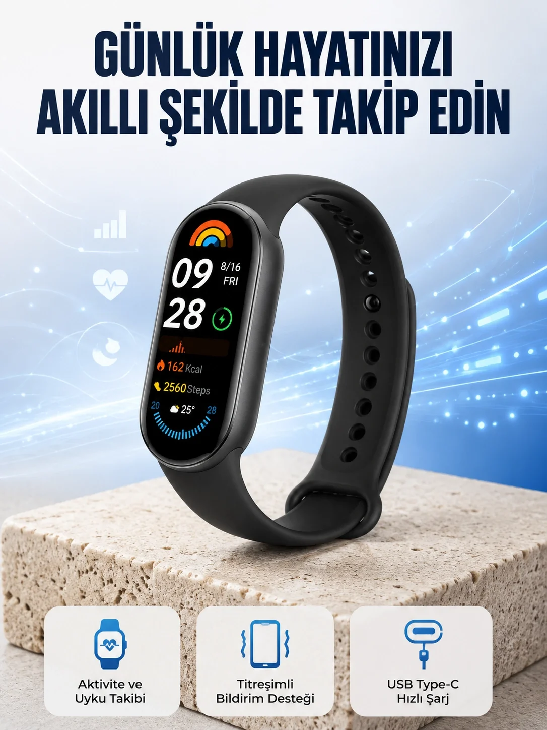 TPU ve Silikon Kordonlu Akıllı Bileklik – 20 Gün Bekleme Süresi Yeni Nesil