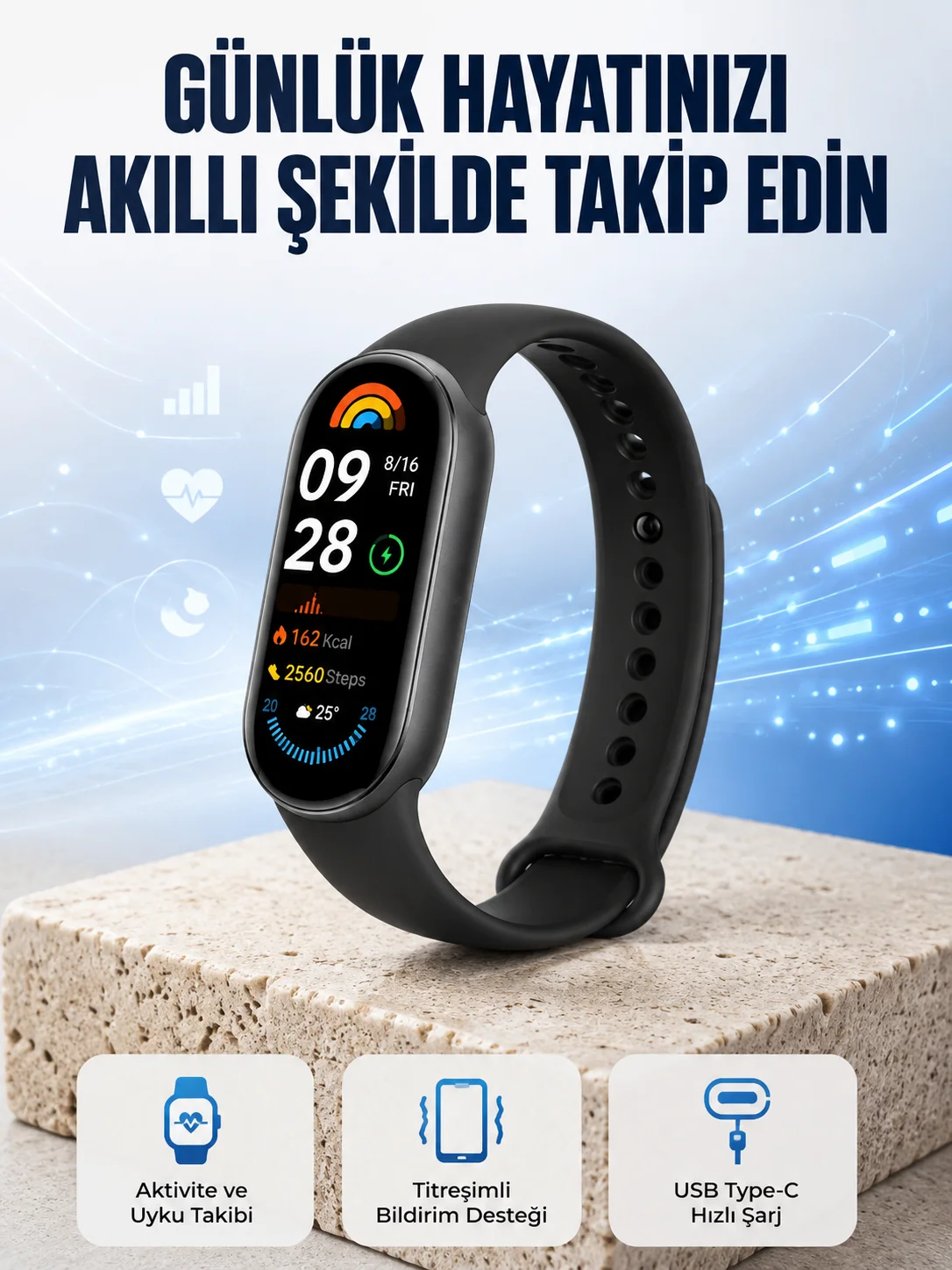 TPU ve Silikon Kordonlu Akıllı Bileklik – 20 Gün Bekleme Süresi Yeni Nesil