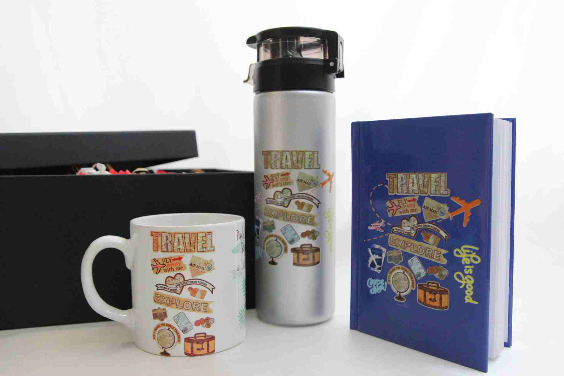 Travel Temalı Hediye Seti - Termos, Kupa Bardak ve Defter Hediye Kutusu