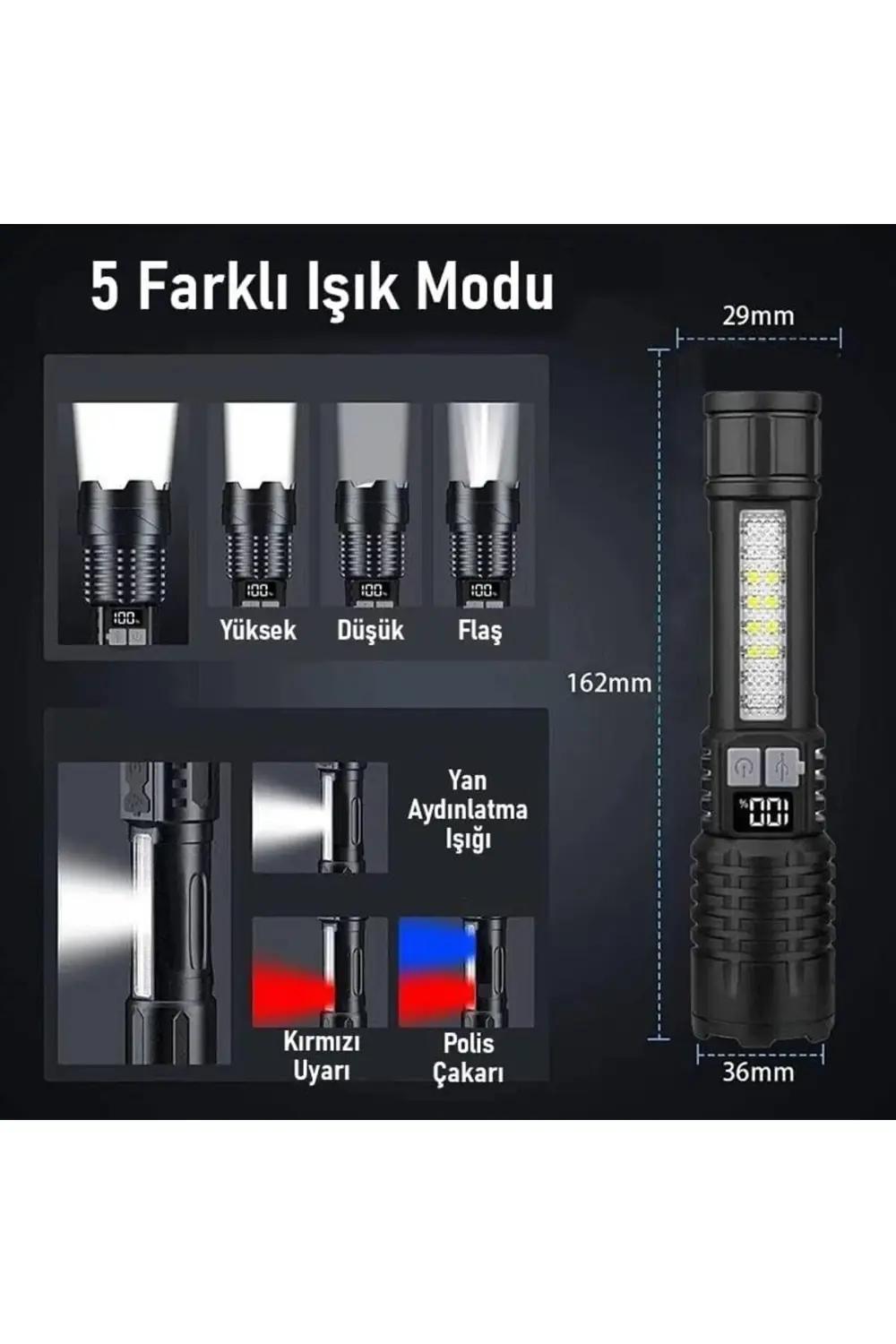 trea_ Şarjlı LED El Feneri 5 Işık Modu Type-C Şarjlı Çakar Modlu