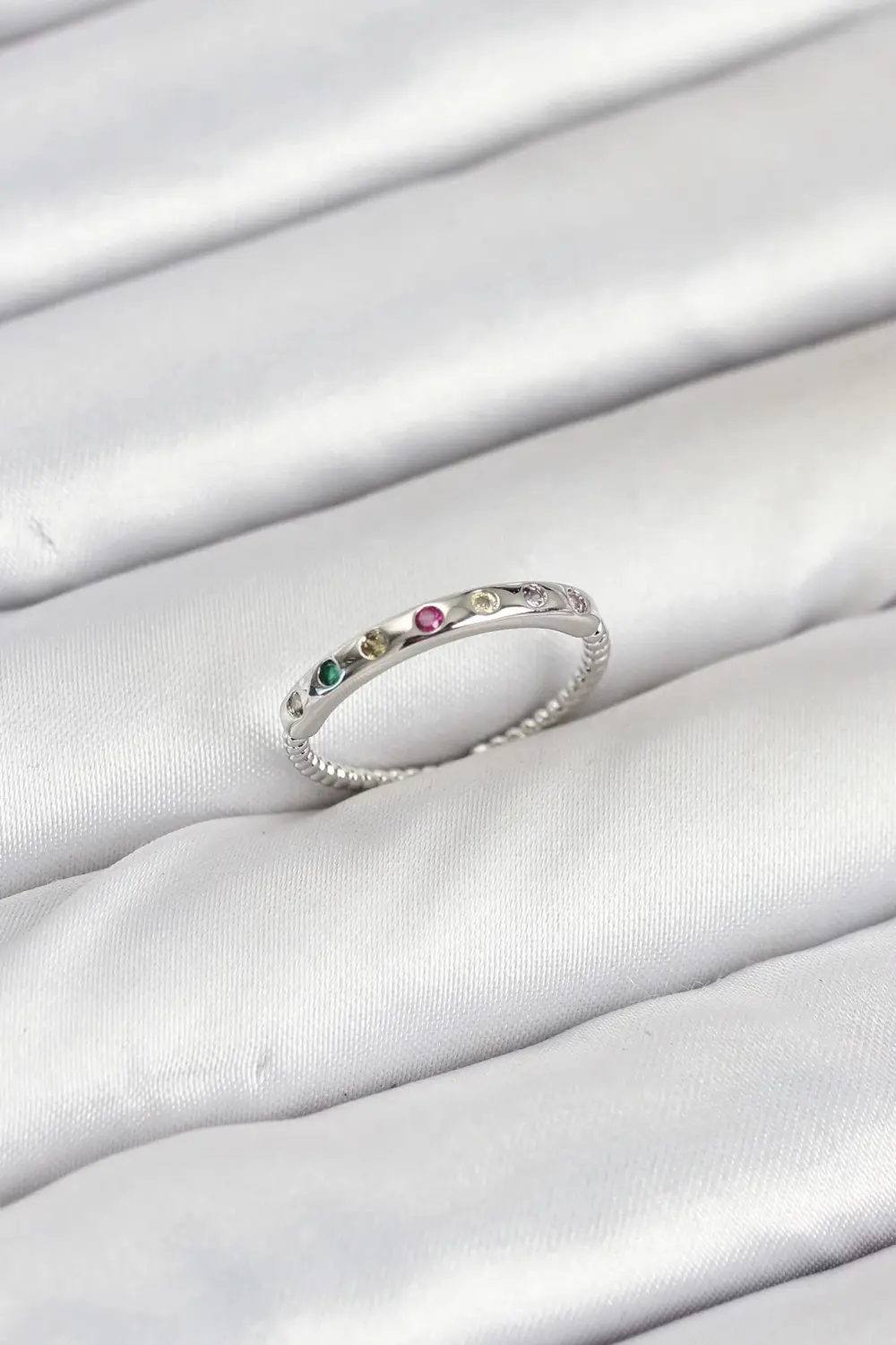 Trend BFS Pirinç Gümüş Renk Renkli Zirkon Taşlı Kadın Yüzük