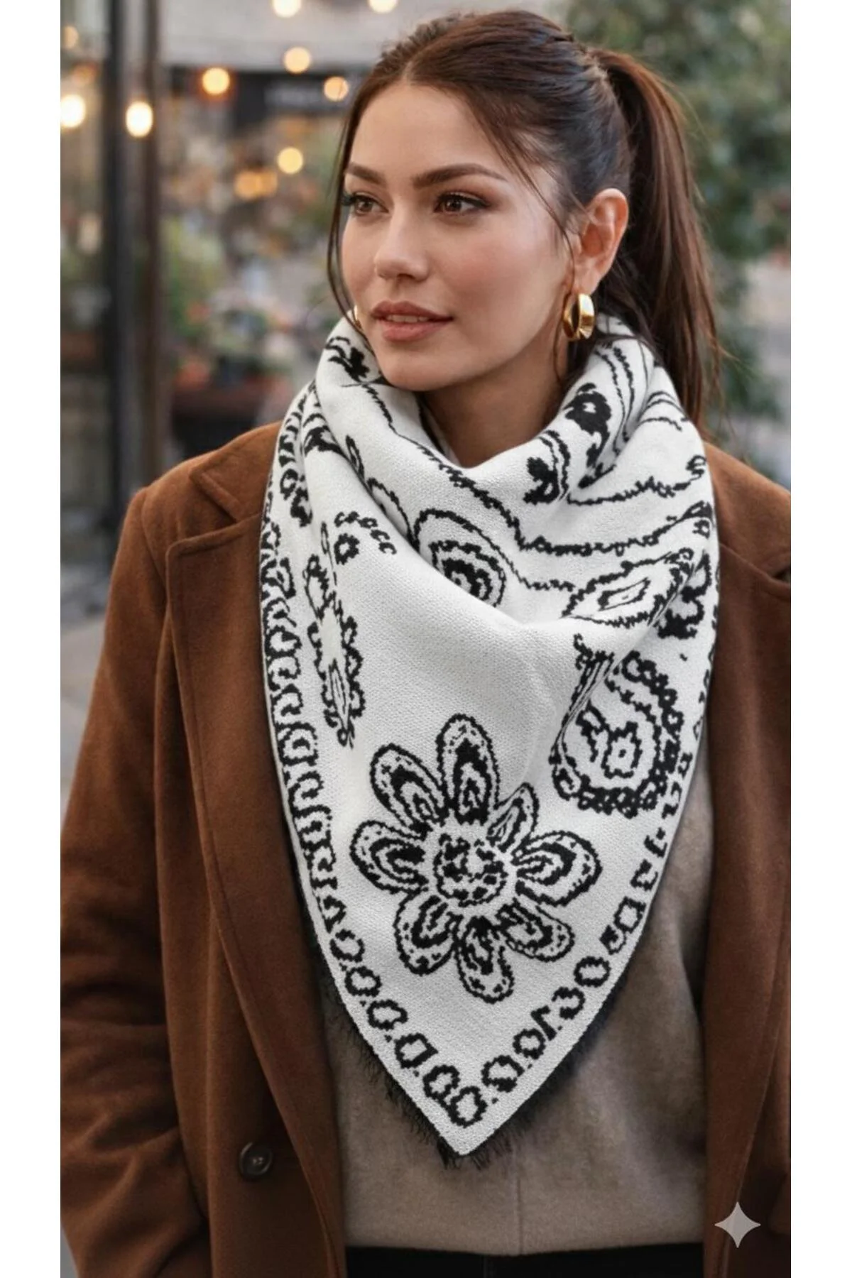 TREND Çift Taraflı Etnik desenli Üçgen Triko Atkı, Trend Üçgen Şa