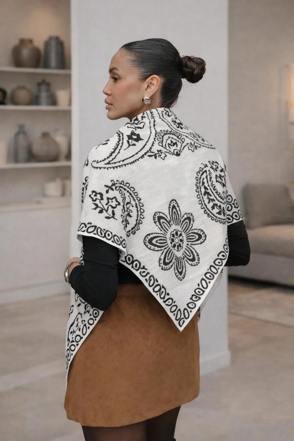 TREND Çift Taraflı Etnik desenli Üçgen Triko Atkı, Trend Üçgen Şa