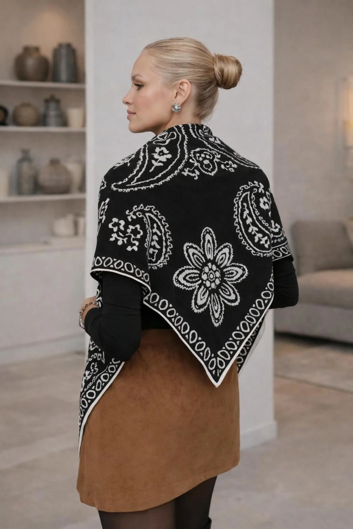 TREND Çift Taraflı Etnik desenli Üçgen Triko Atkı, Trend Üçgen Şa