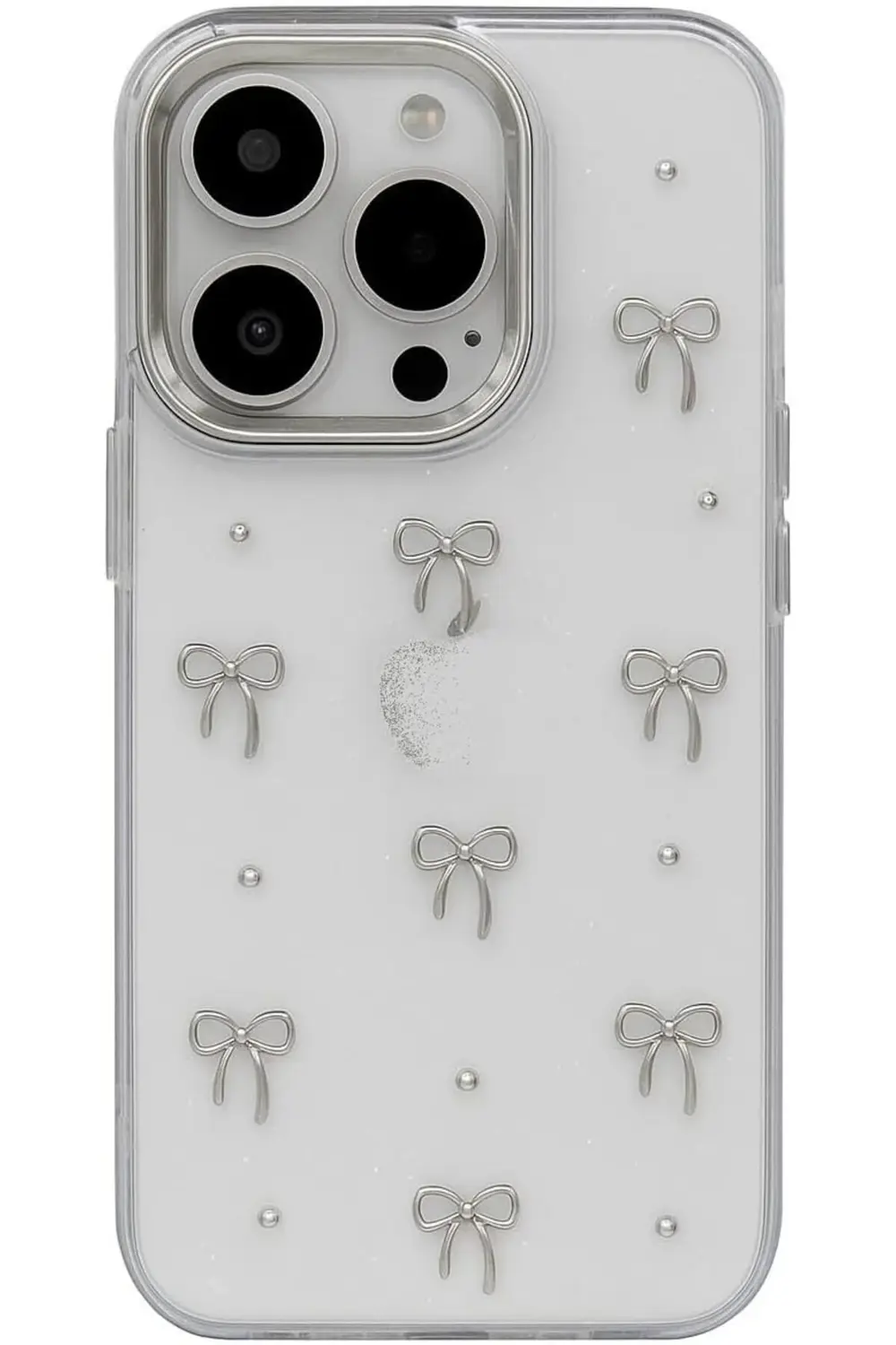 Trend iPhone 16 Uyumlu Kılıf Fiyonk Desenli Şeffaf Simli Gümüş Ka