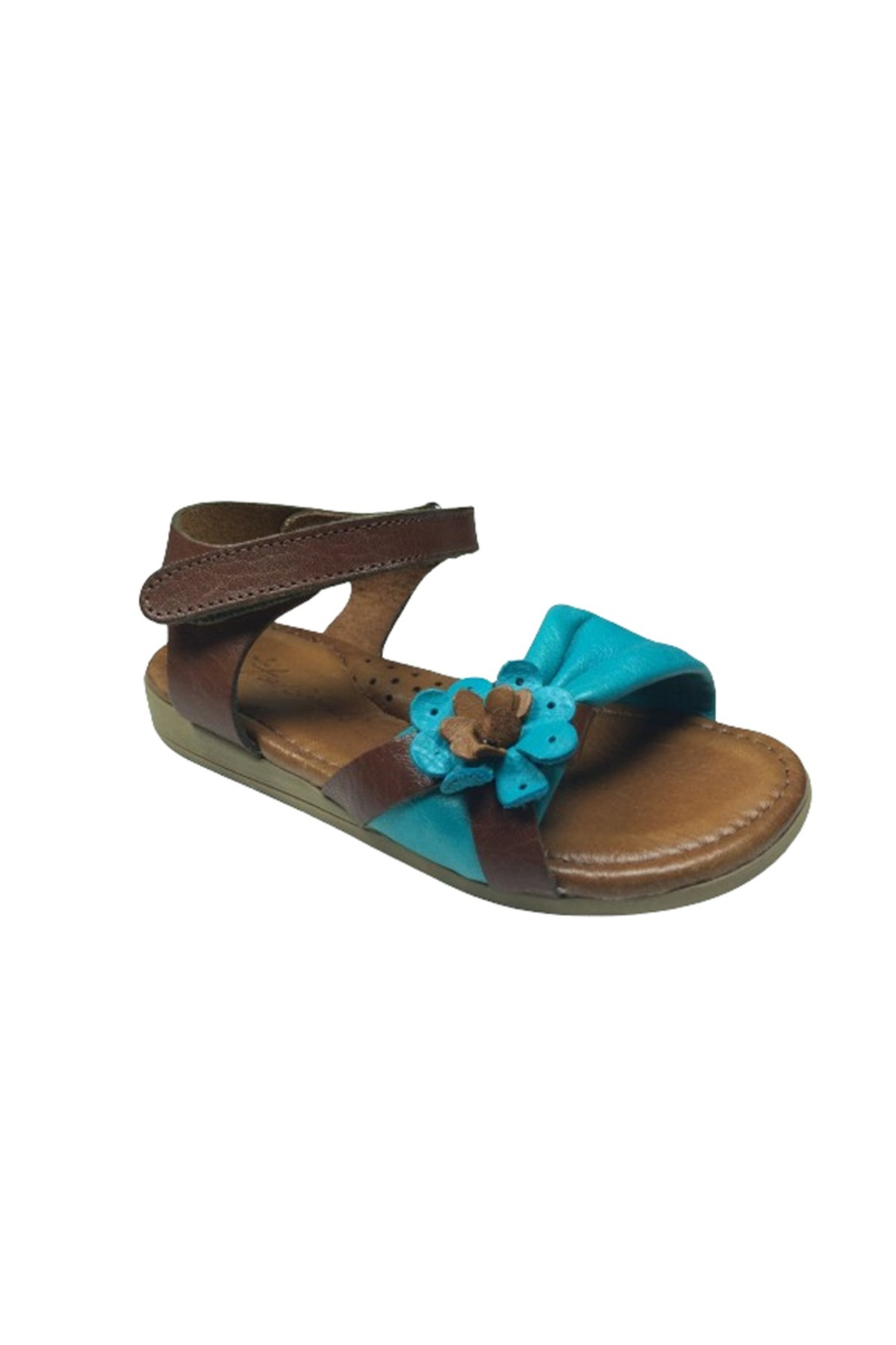 Trend Kahve Turkuaz Kız Çocuk Sandalet Ayakkabı %100 Deri