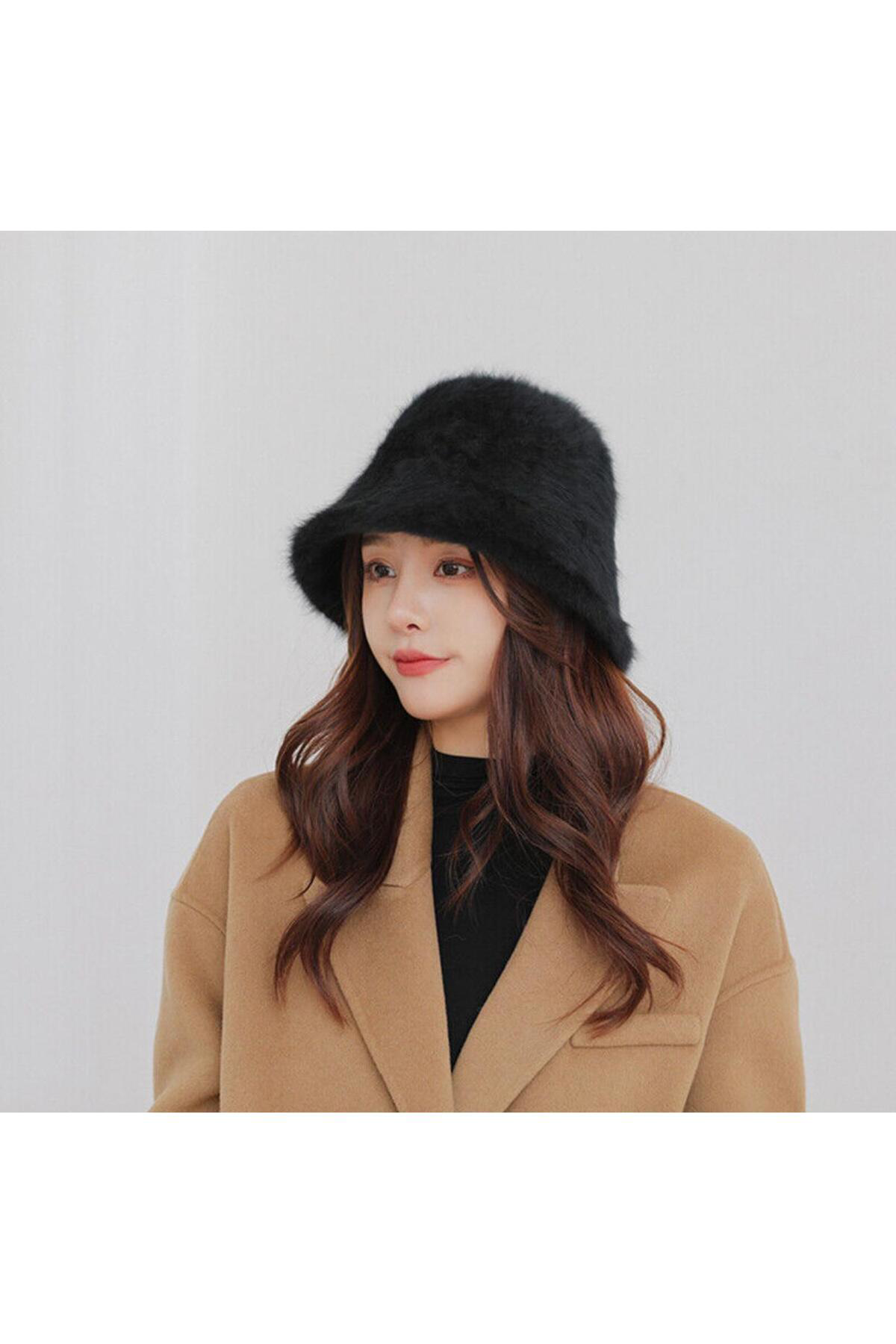 Trend Suni Kürk Pinterest Model Siyah Şapka, Bere