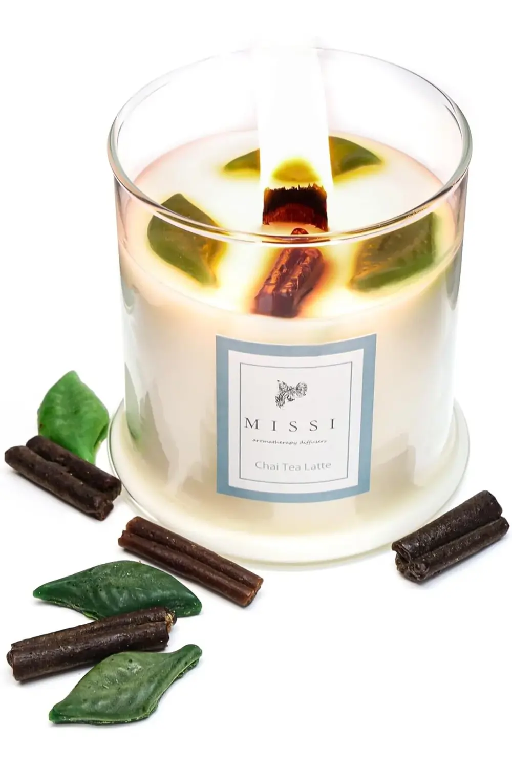 trendymr Üfleme Cam Ahşap Fitilli Chaı Tea Latte Vegan Mum (380 g