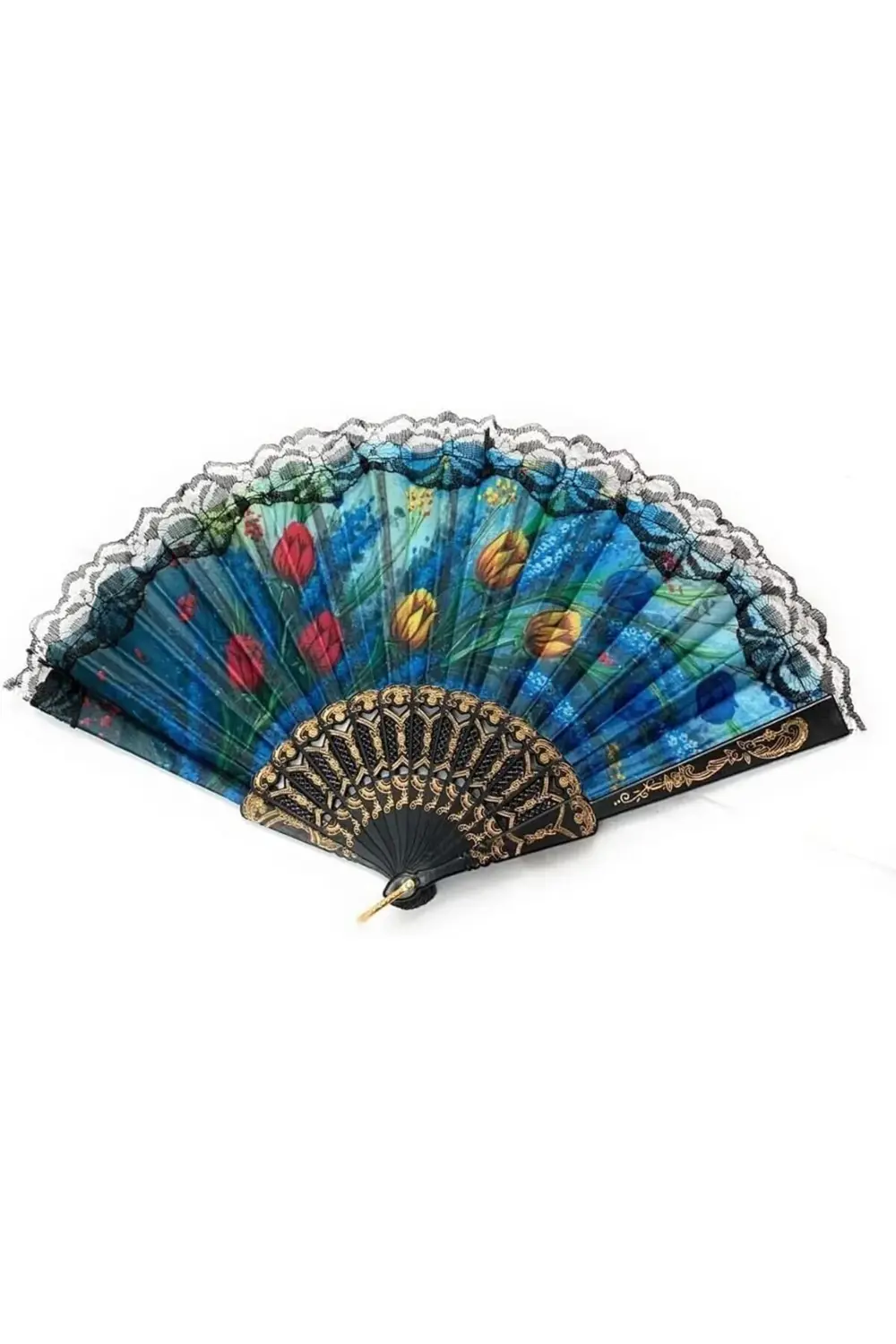 trendyvision 2'li El Yelpazesi Seti – Çiçek Desenli, Tüllü Kenarl