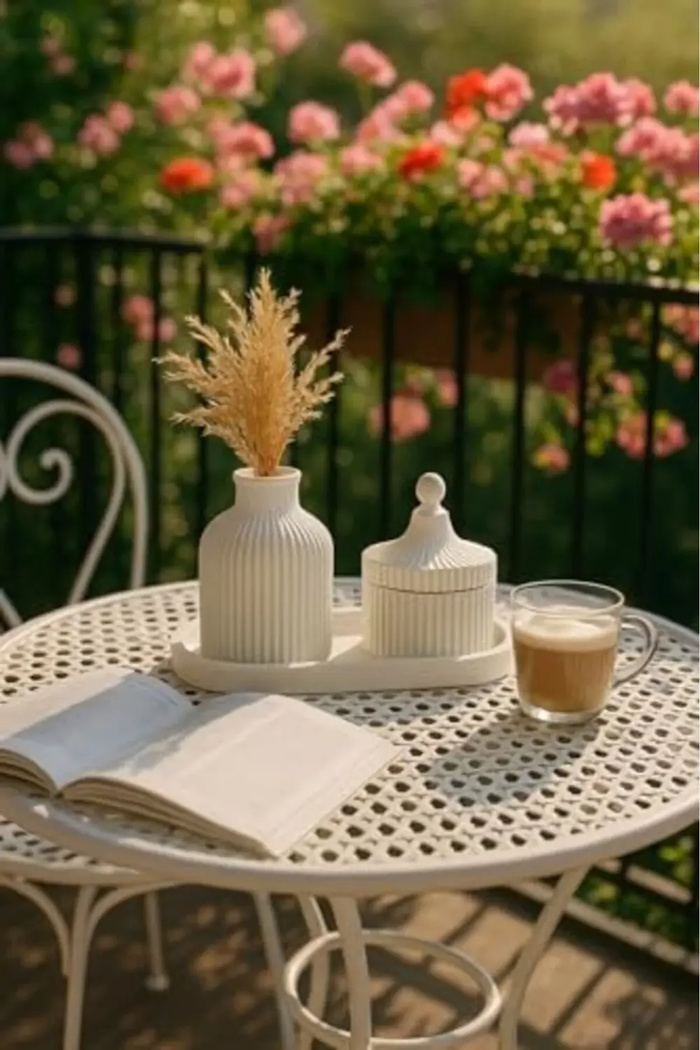 trendyvision 3 Parçalı Beyaz Dekoratif Set – Çizgili Vazo, Kapakl