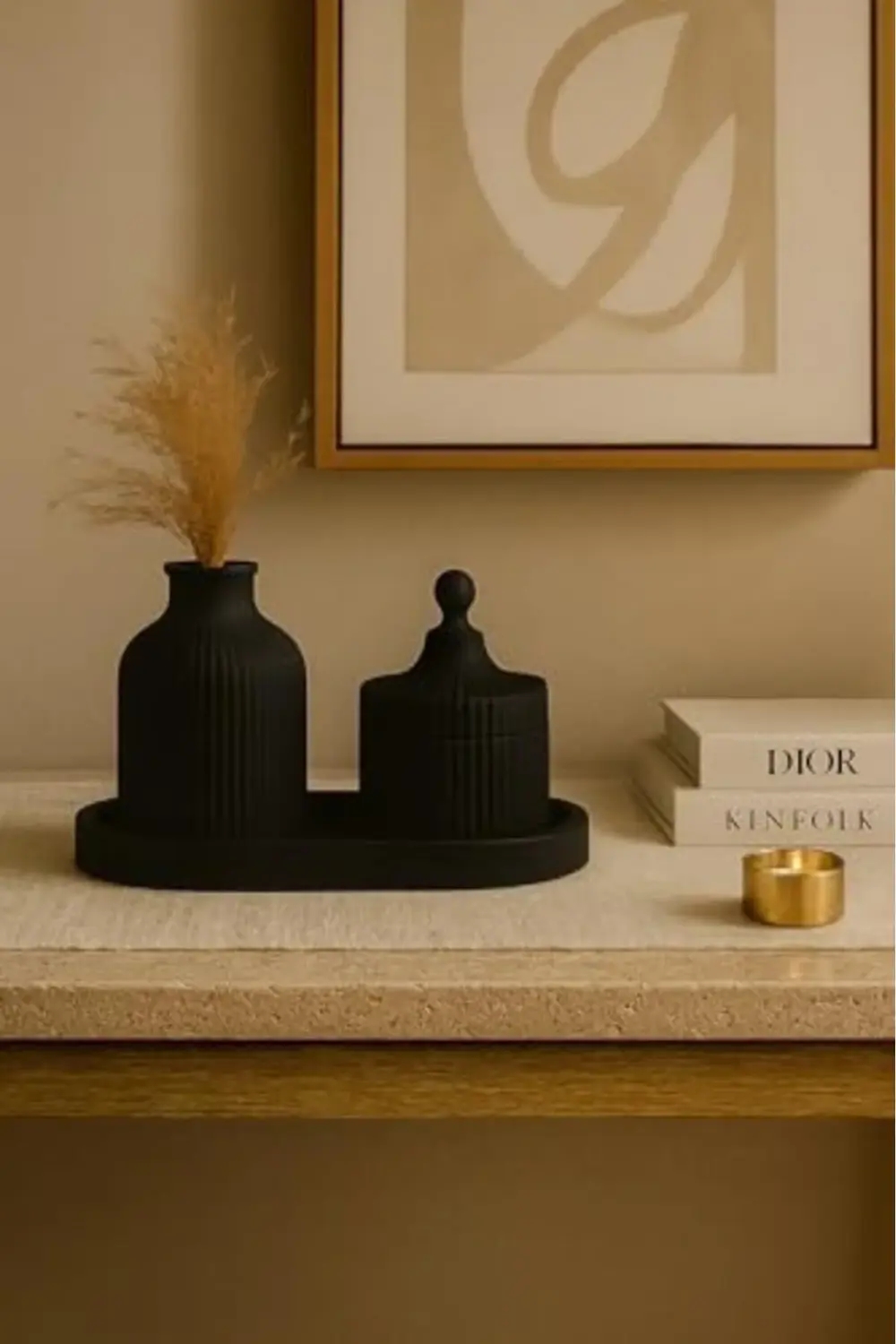 trendyvision 3 Parçalı Siyah Dekoratif Set – Çizgili Vazo, Kapakl