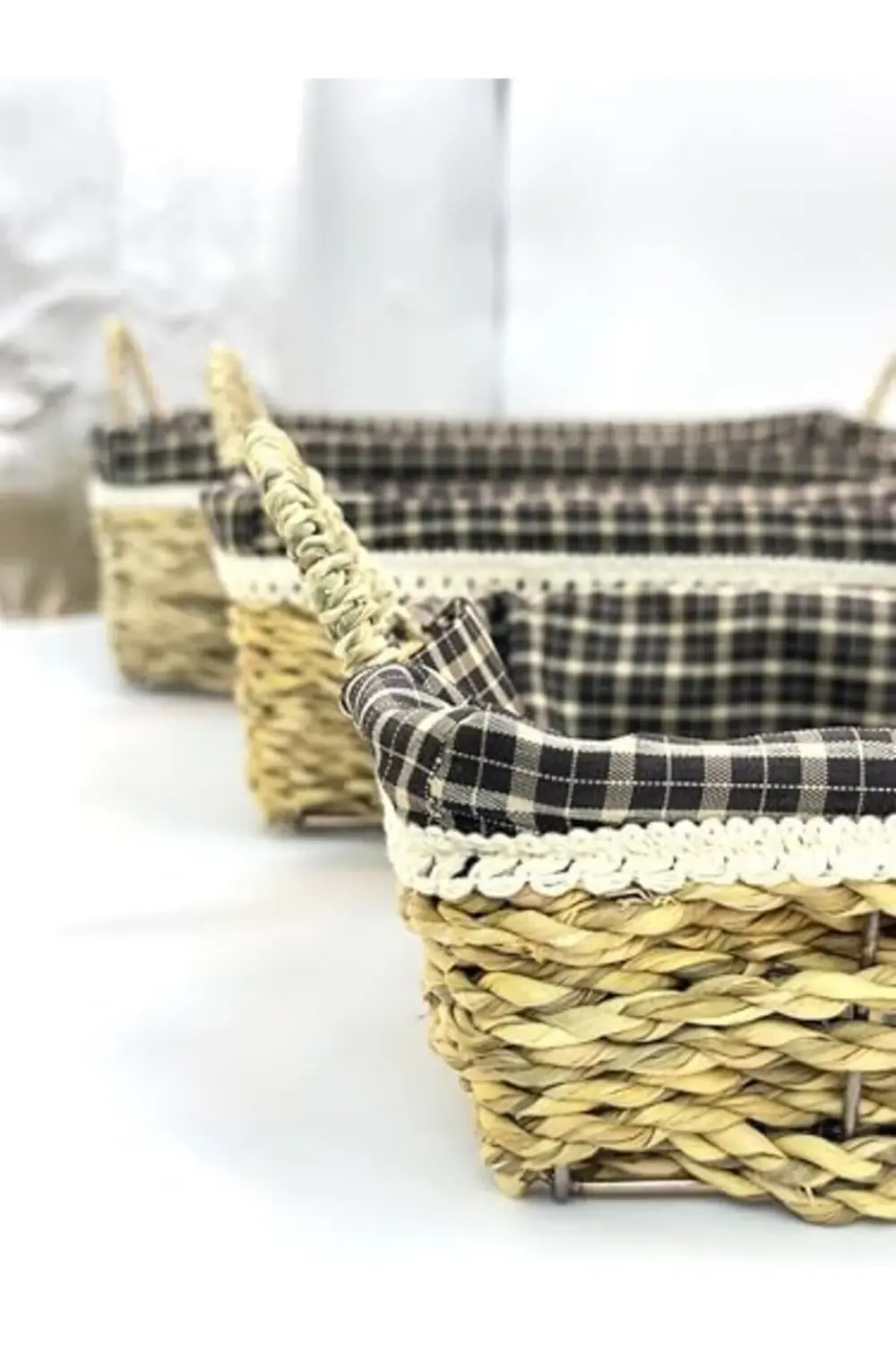 trendyvision 3'lü Hasır Sepet Seti – Bezli Ekmek Sepeti, Dekorati