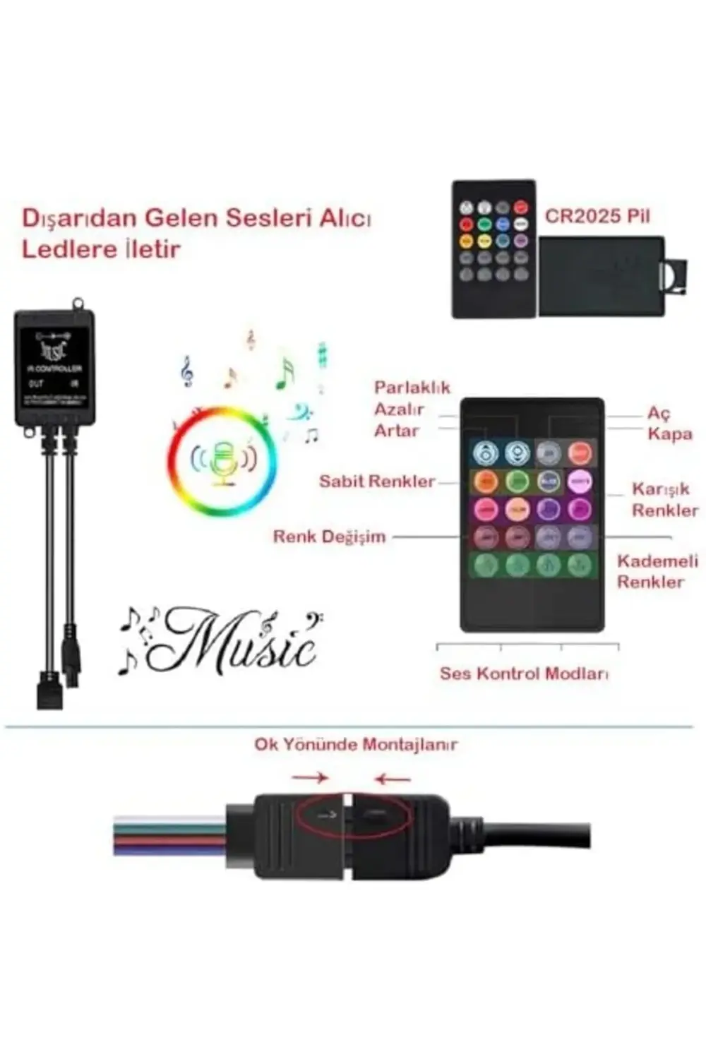 trendyvision 5V USB 100cm RGB Şerit LED 3 Çipli SMD5050-30LED Ses