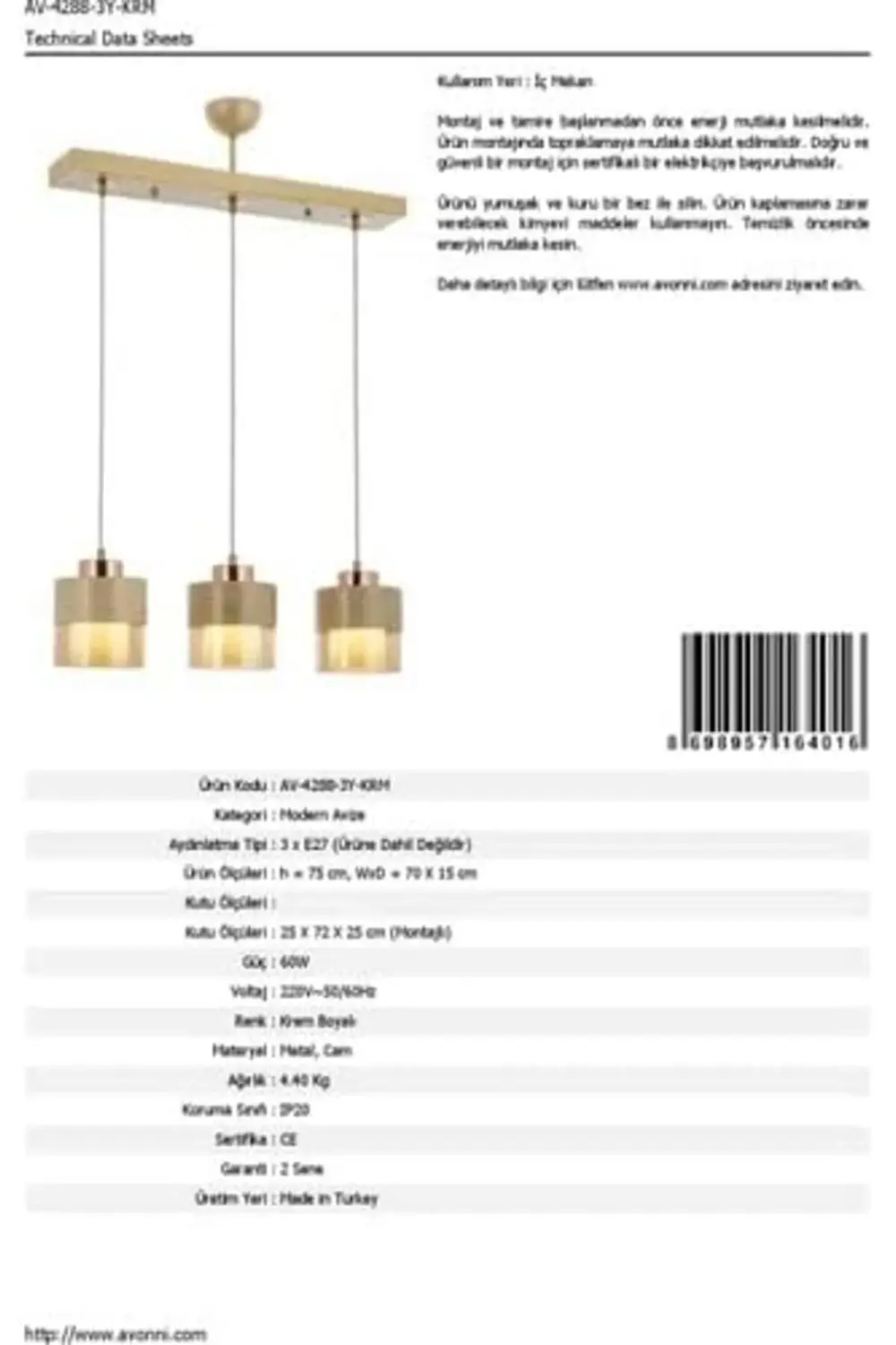 trendyvision AV-60193-3Y-KRM Krem Boyalı Modern Avize E27 Metal C