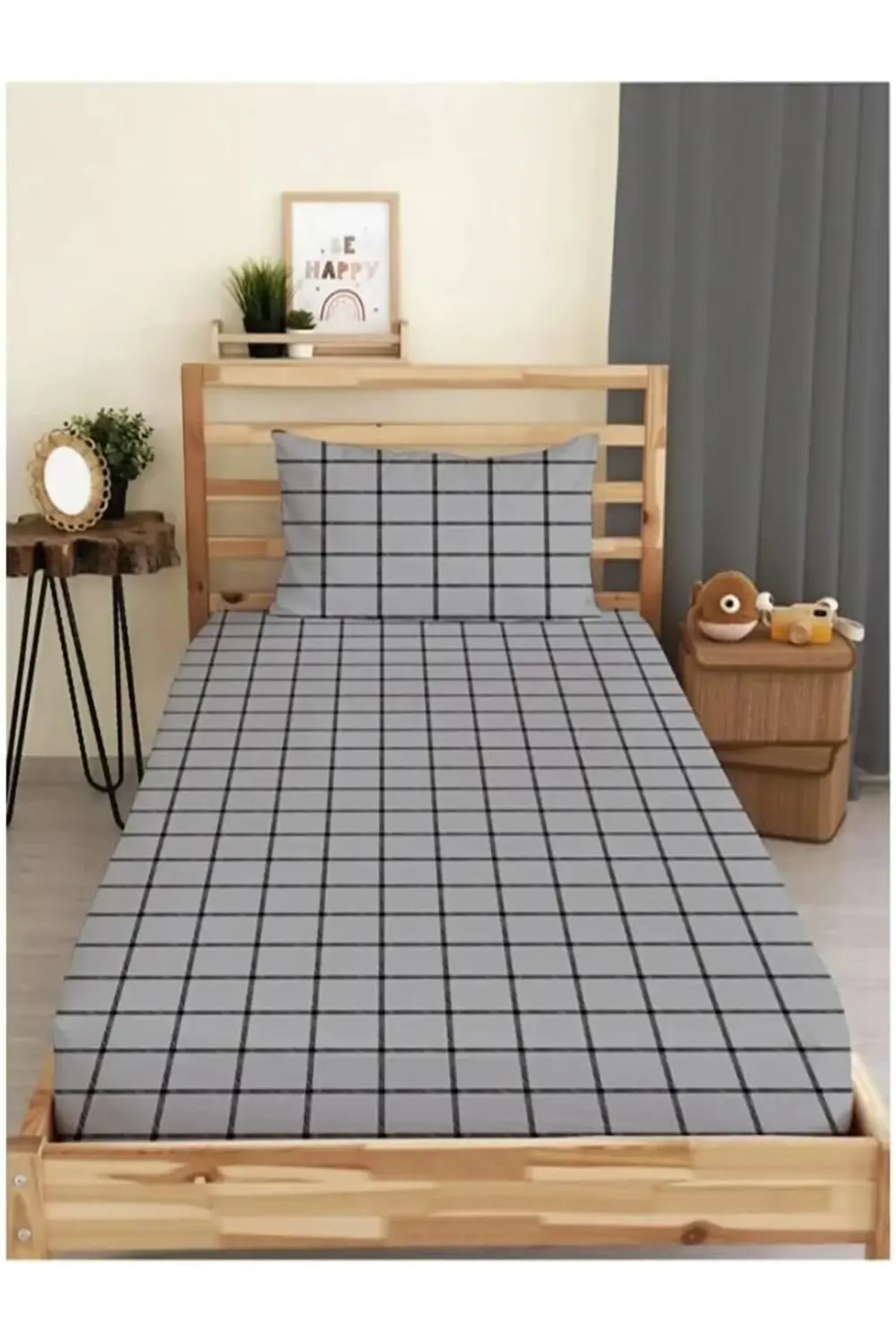 trendyvision Desenli Lastikli Çarşaf Seti (Gri, Çift Kişilik XL)