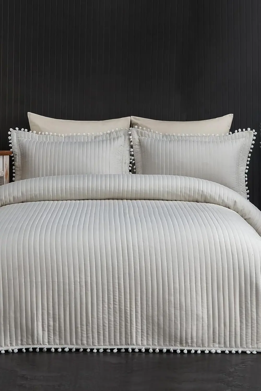 trendyvision Evlen Kapitone Ponpon 3 Parça Yatak Örtüsü Ç.K Krem