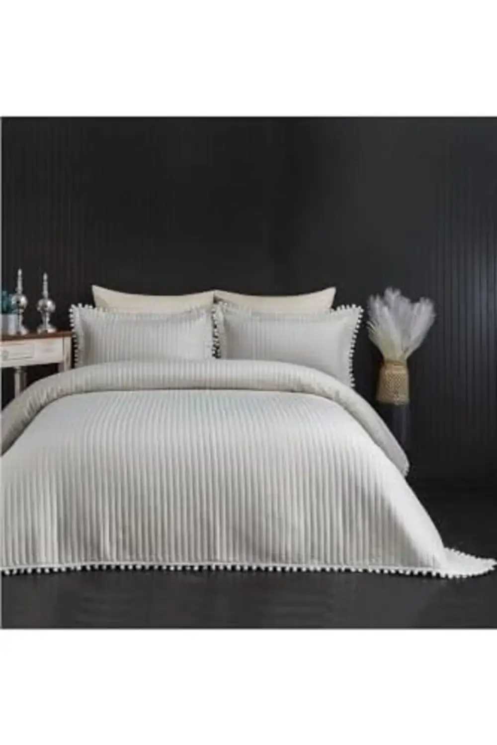 trendyvision Evlen Kapitone Ponpon 3 Parça Yatak Örtüsü Ç.K Krem