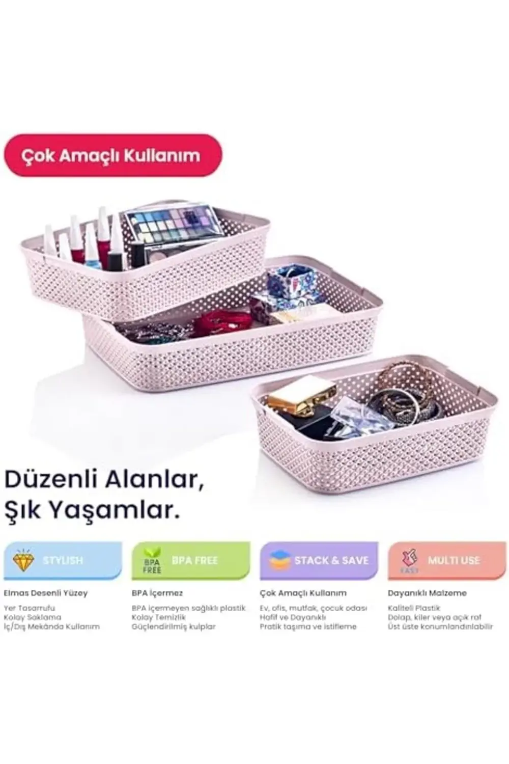 trendyvision Life Serisi 3’lü Sepet Seti – Desenli, Kapaklı ve Ço