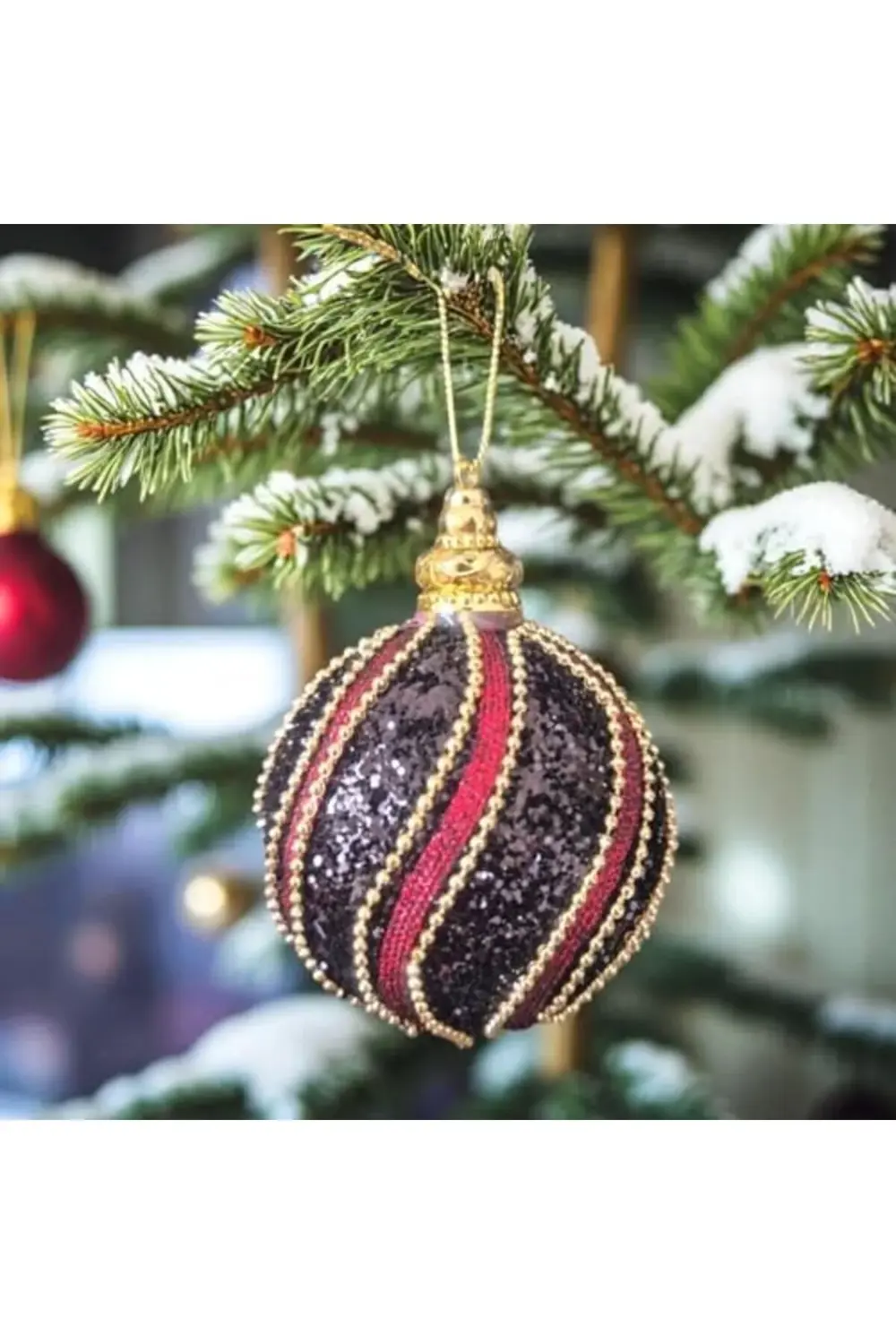 trendyvision LÜKS YILBAŞI TOPU 8CM ALTIN BONCUK ŞERİTLİ IŞILTILI