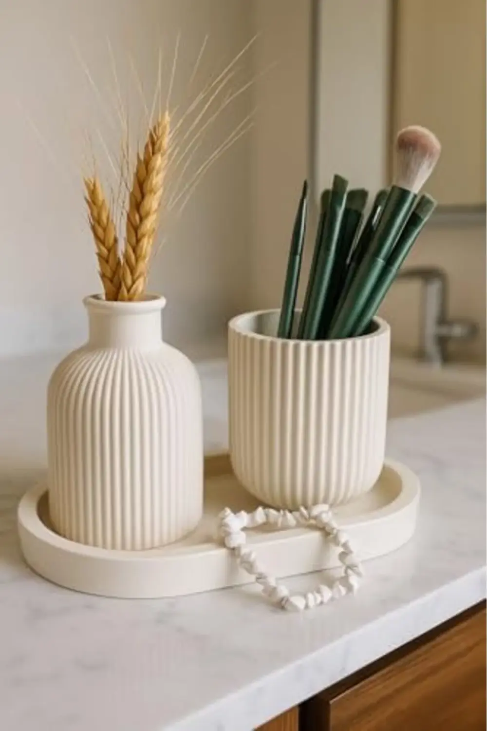 trendyvision Modern Çizgili Vazo, Kapaklı Kutu ve Tepsi Organizer