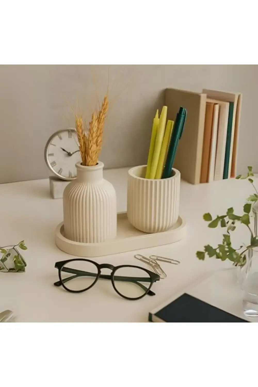 trendyvision Modern Çizgili Vazo, Kapaklı Kutu ve Tepsi Organizer