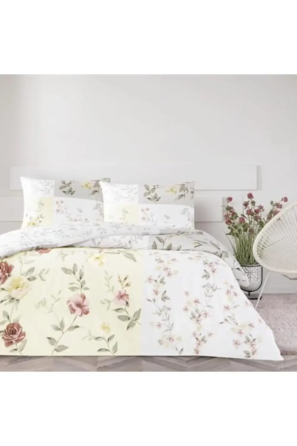 trendyvision Sandra Renkli Klişe Pamuk Nevresim Takımı, Ekru, Tek