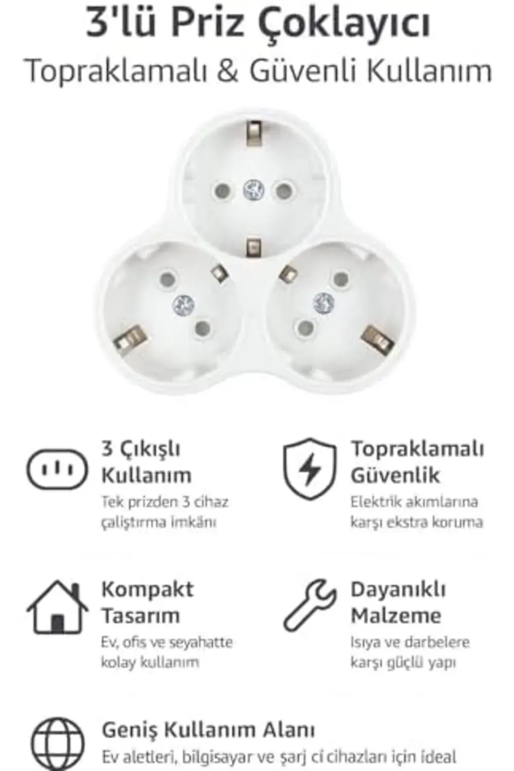 trendyvision Topraklı Priz Çoklayıcı Fiş, 3'lü, Beyaz, 16A 250V,