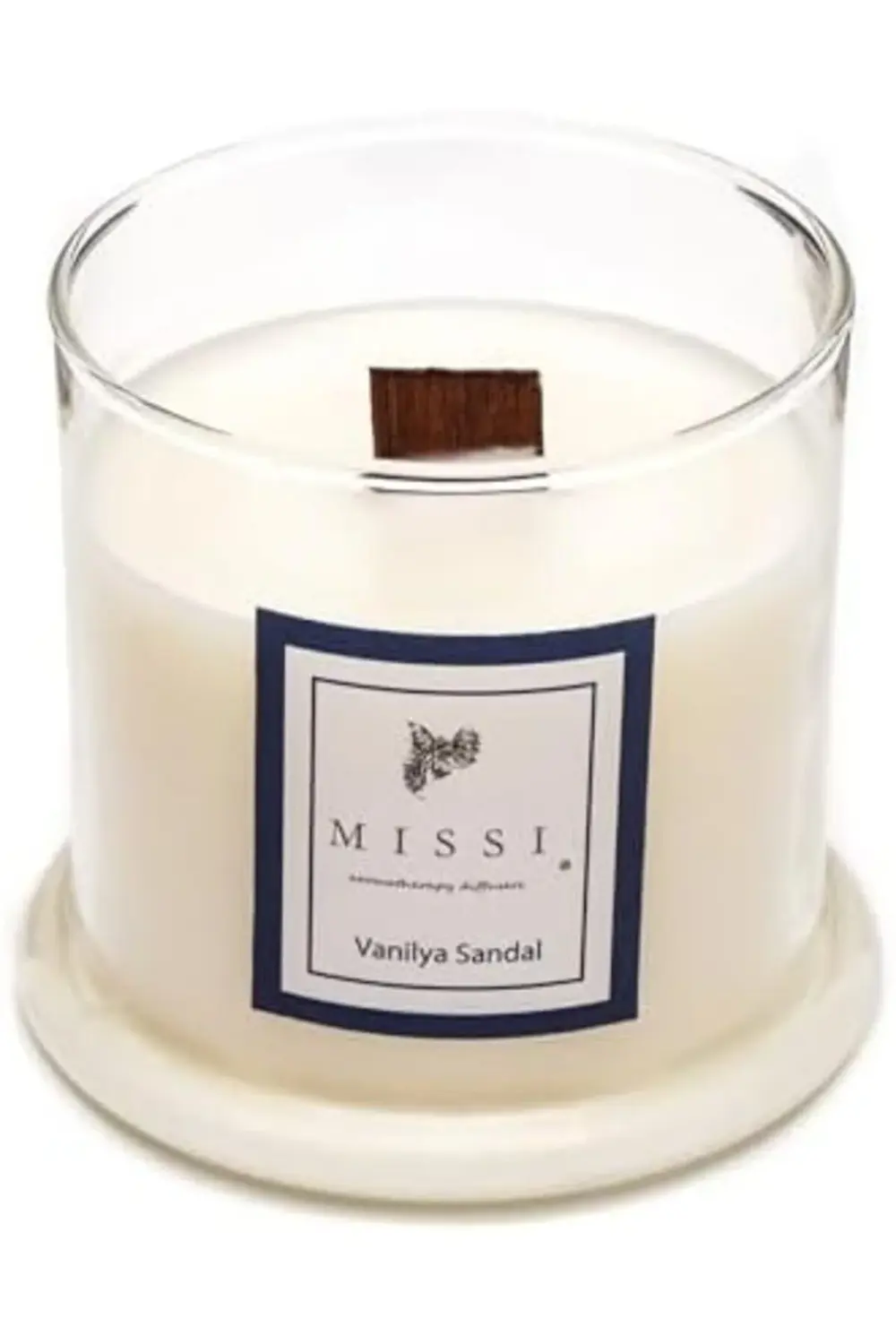 trendyvision Üfleme Cam Ahşap Fitilli Vanilya Sandal Vegan Mum (1