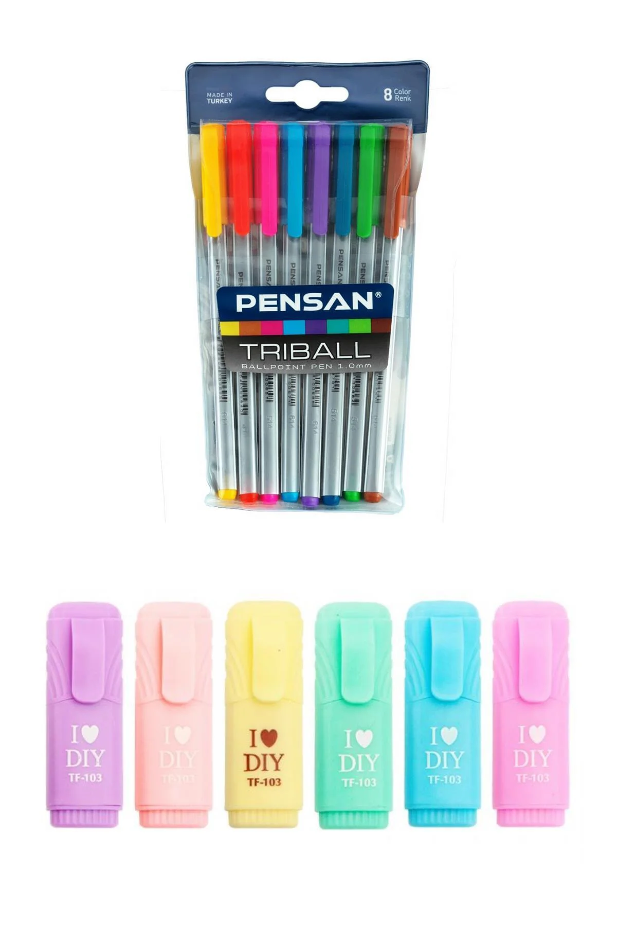 Triball 8'li Tükenmez Kalem + I Love Dıy Mini Pastel Fosforlu 6'lı Set
