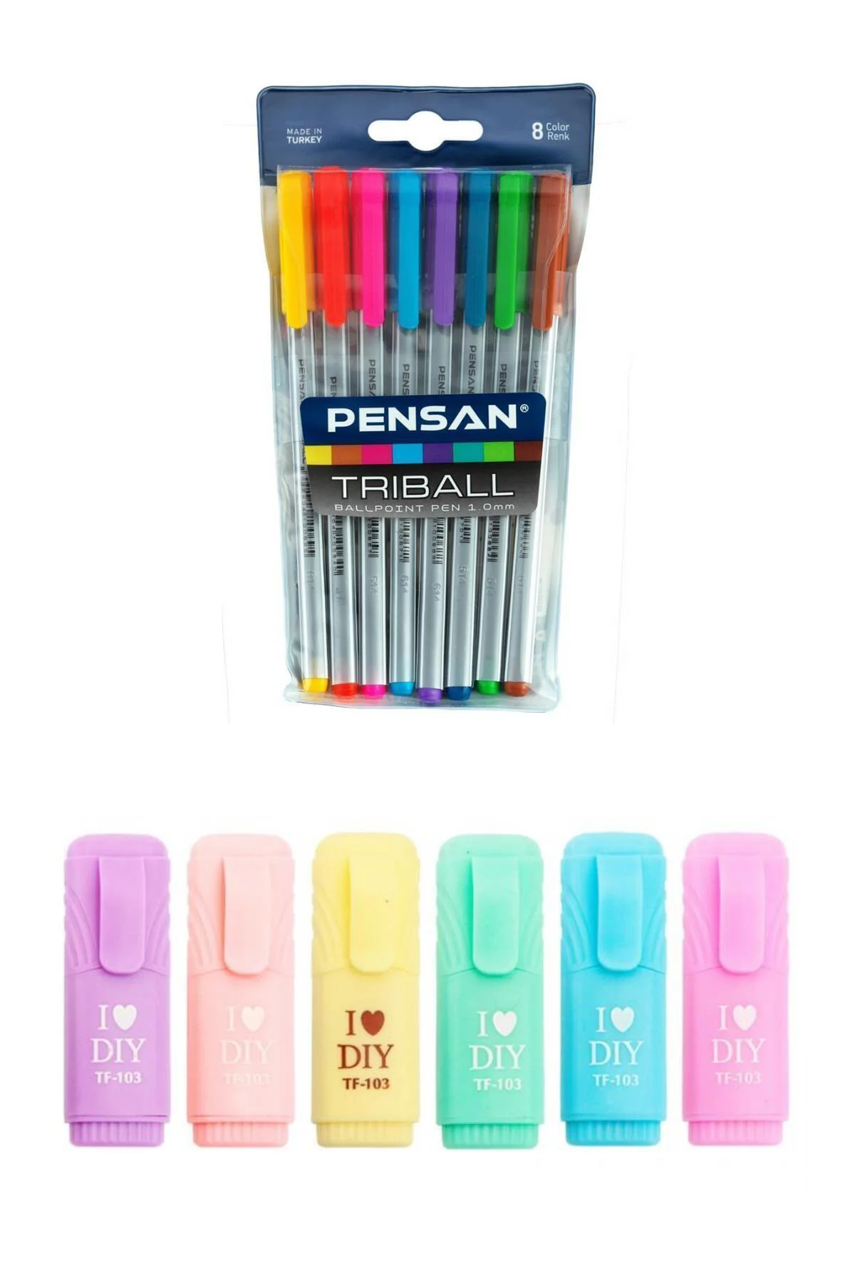 Triball 8'li Tükenmez Kalem + I Love Dıy Mini Pastel Fosforlu 6'l