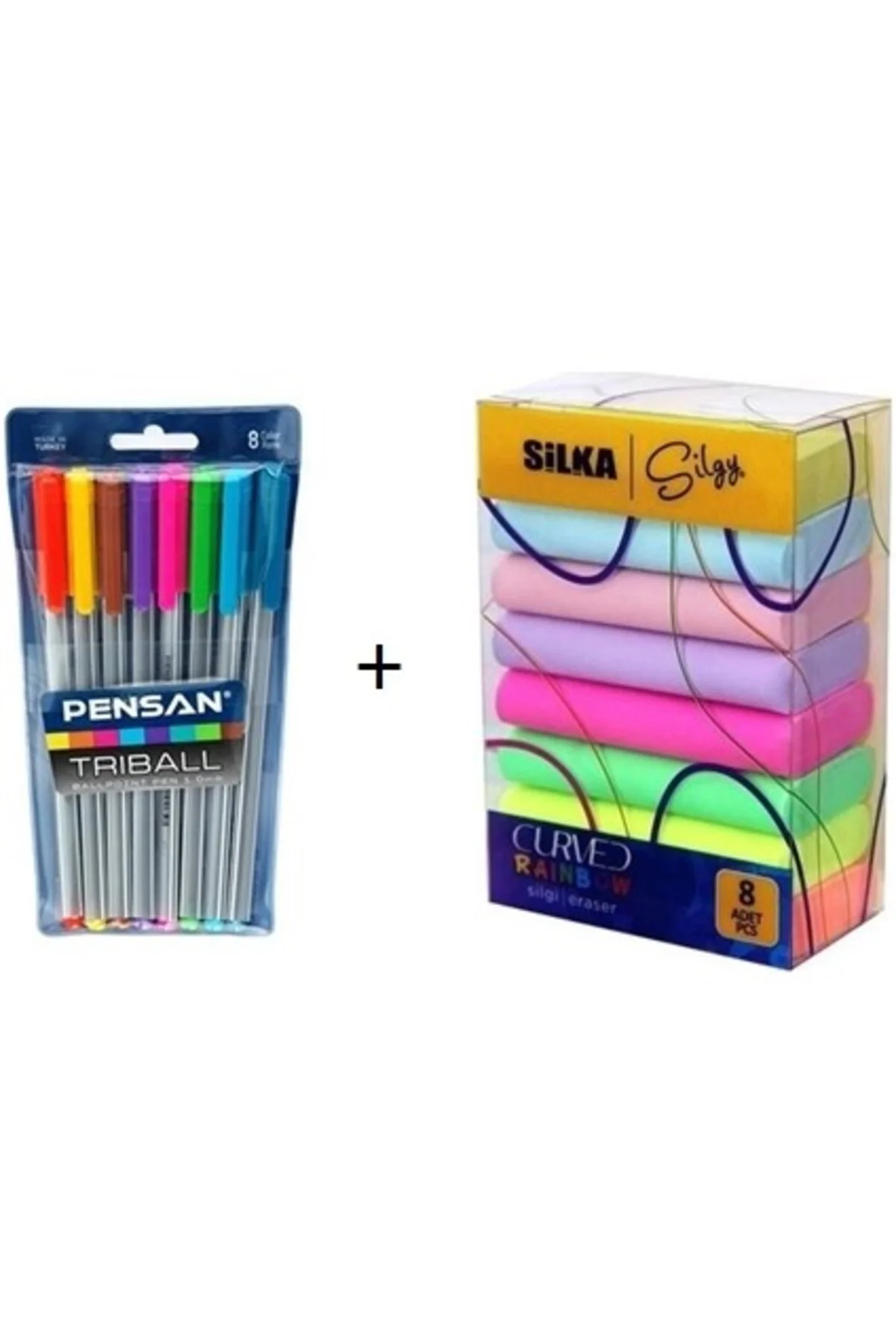 Triball Tükenmez Kalem 8'li + Rainbow Neon Silgi 8'li