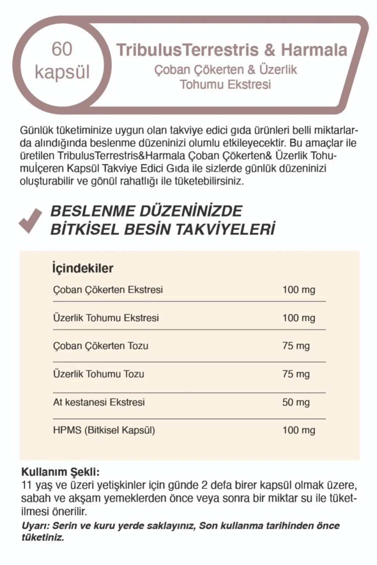 Tribulus Terrestris Demirdikeni & Üzerlik Tohumu Ekstresi 60 Kaps