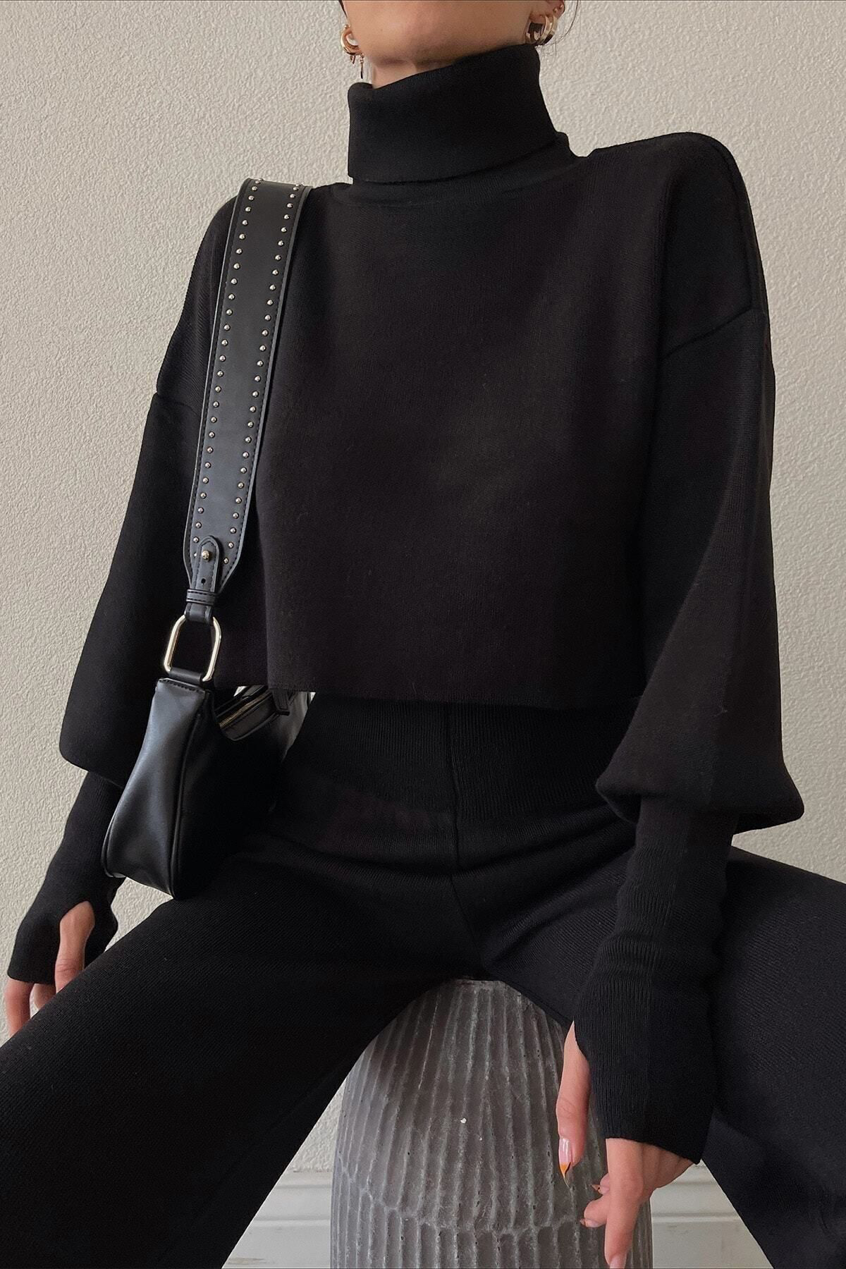 Ciqulata Triko Crop Pantolon Takım Siyah