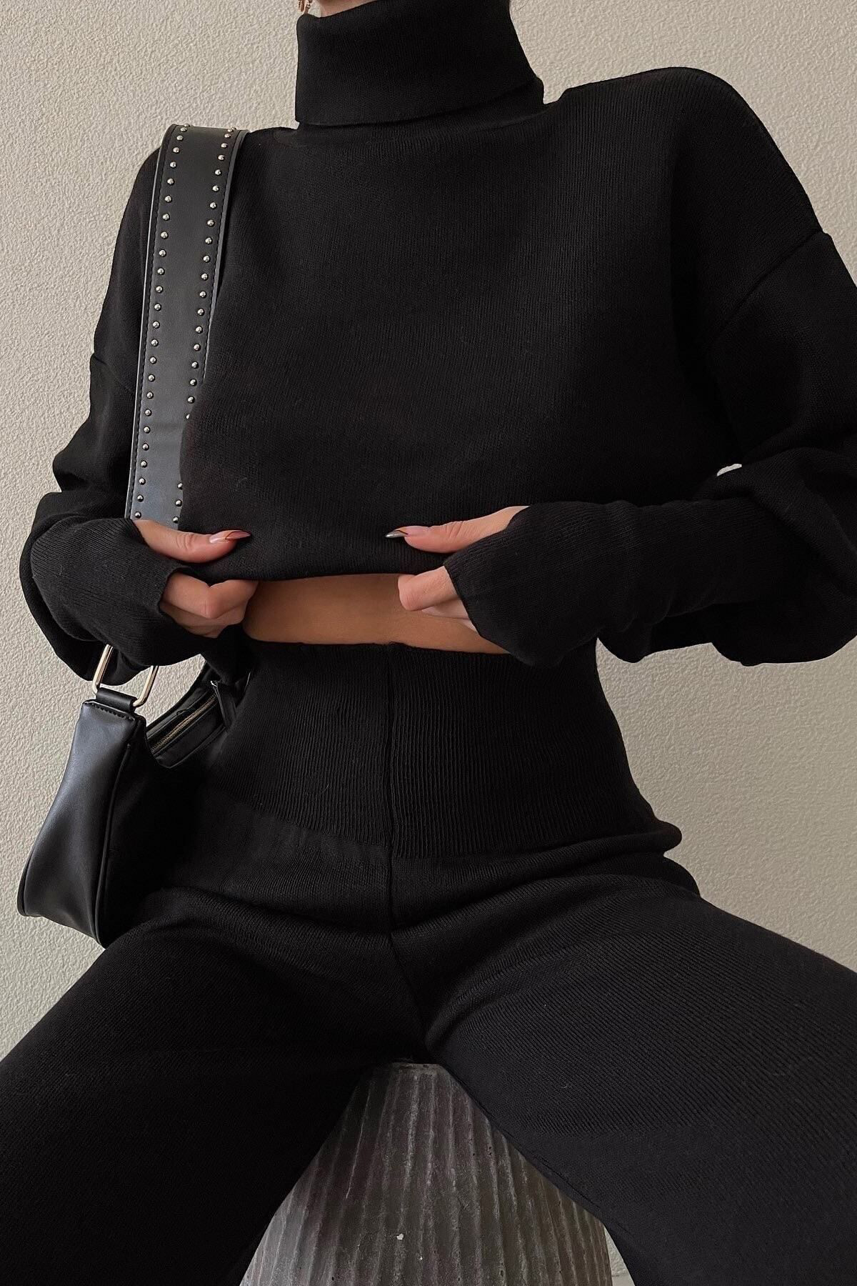 Ciqulata Triko Crop Pantolon Takım Siyah