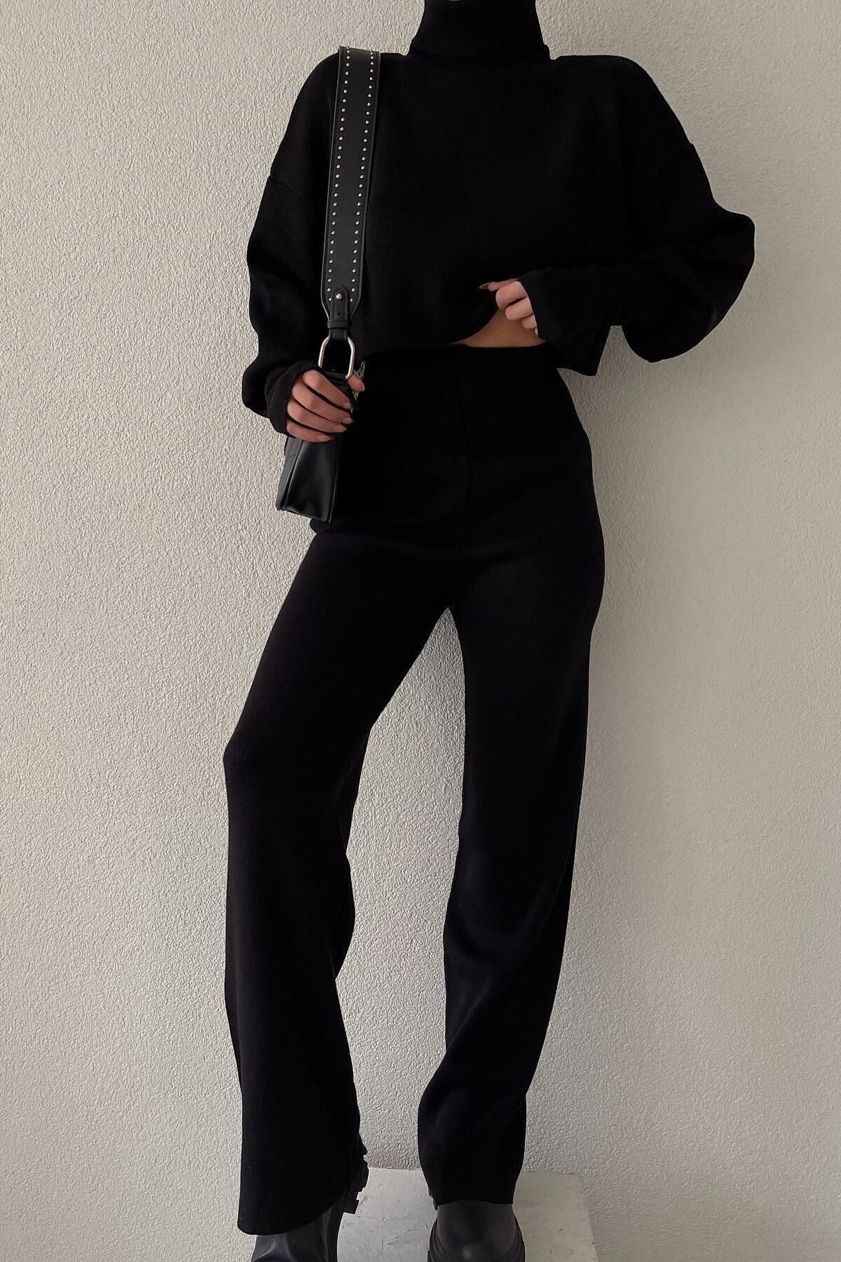 Ciqulata Triko Crop Pantolon Takım Siyah