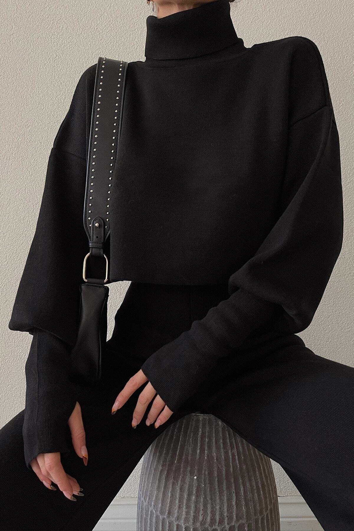 Ciqulata Triko Crop Pantolon Takım Siyah