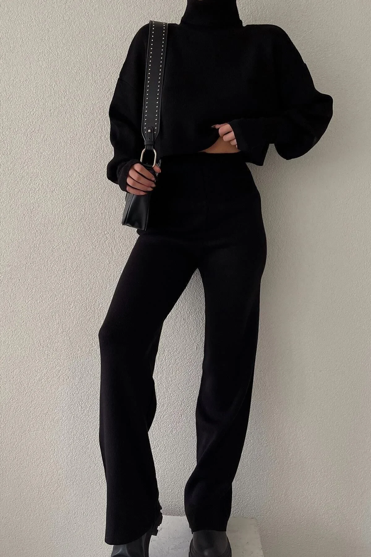 Triko Crop Pantolon Takım Siyah - Görsel 7