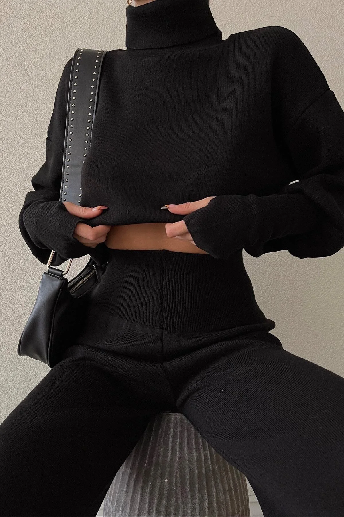 Triko Crop Pantolon Takım Siyah Triko Crop Pantolon Takım Siyah - Görsel 4