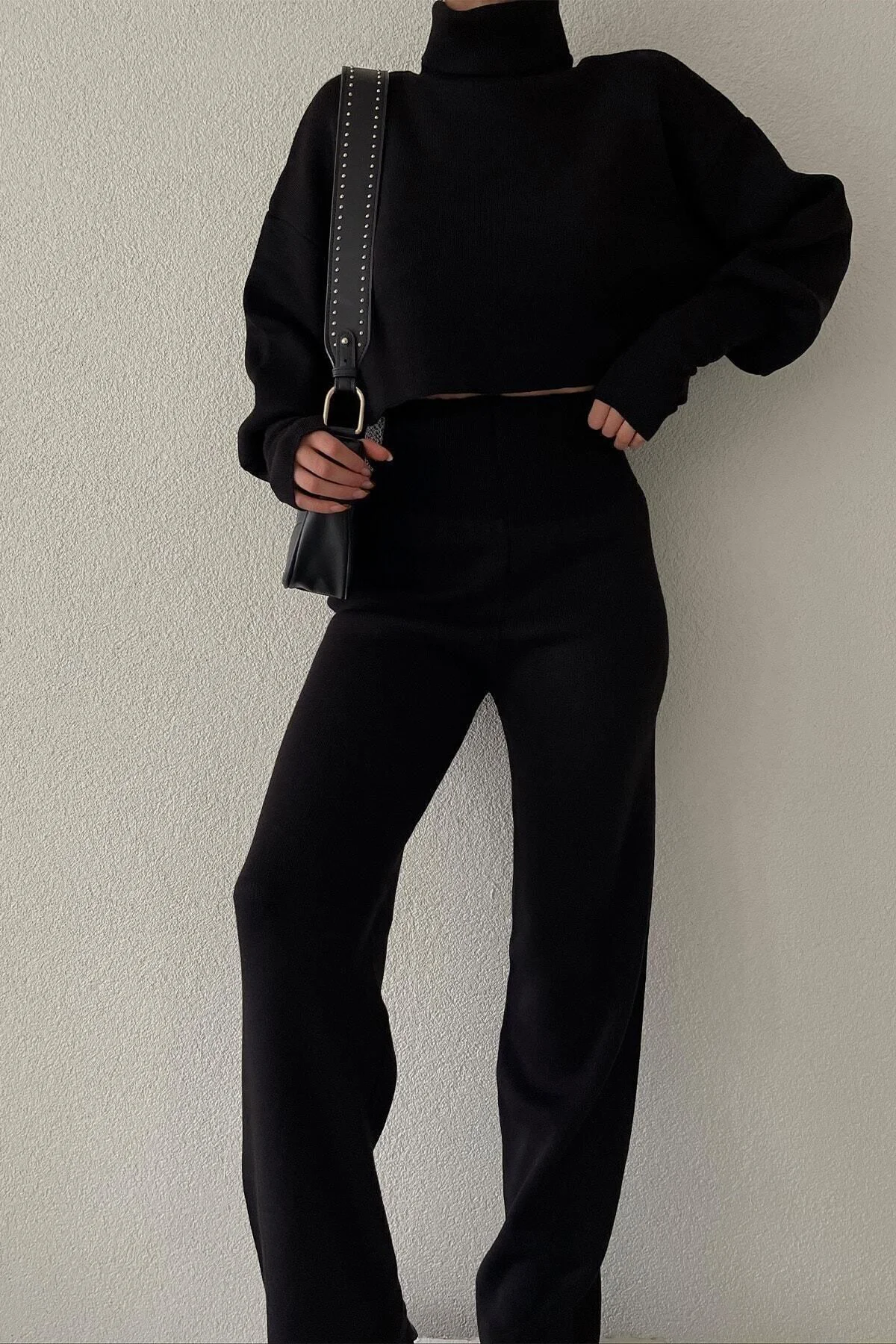 Triko Crop Pantolon Takım Siyah
